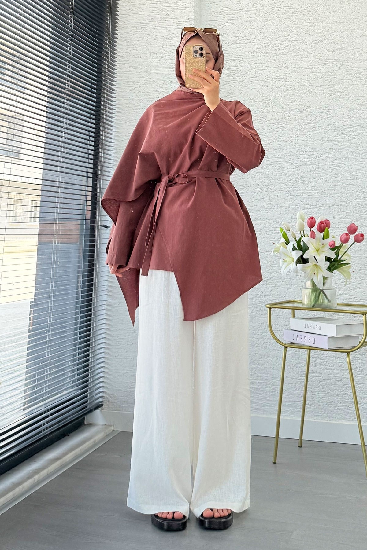 Premium Asimetrik Pelerinli Keten Tunik - Kiremit