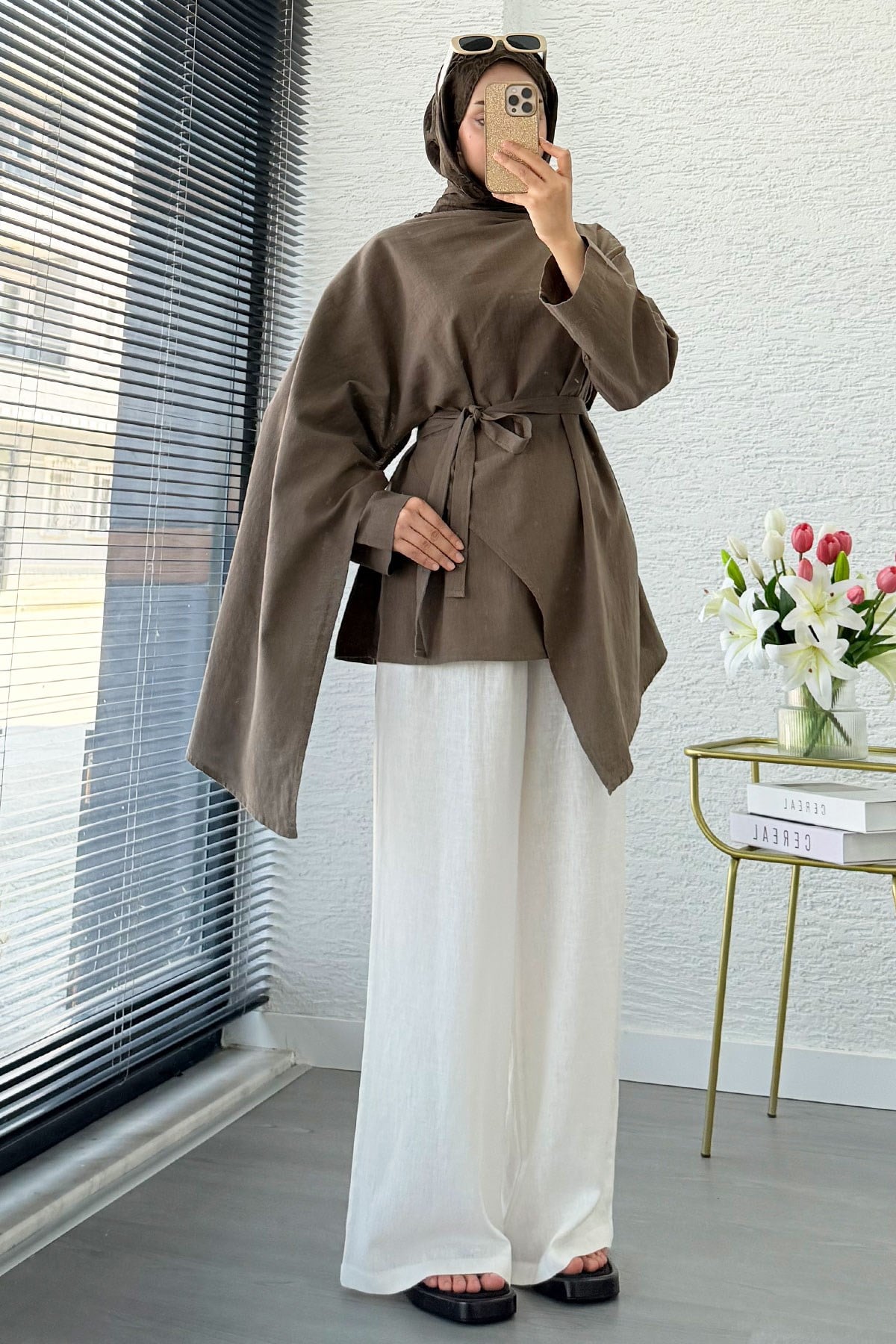 Premium Asimetrik Pelerinli Keten Tunik - Haki