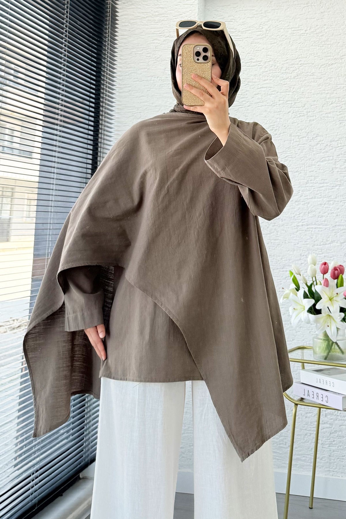 Premium Asimetrik Pelerinli Keten Tunik - Haki