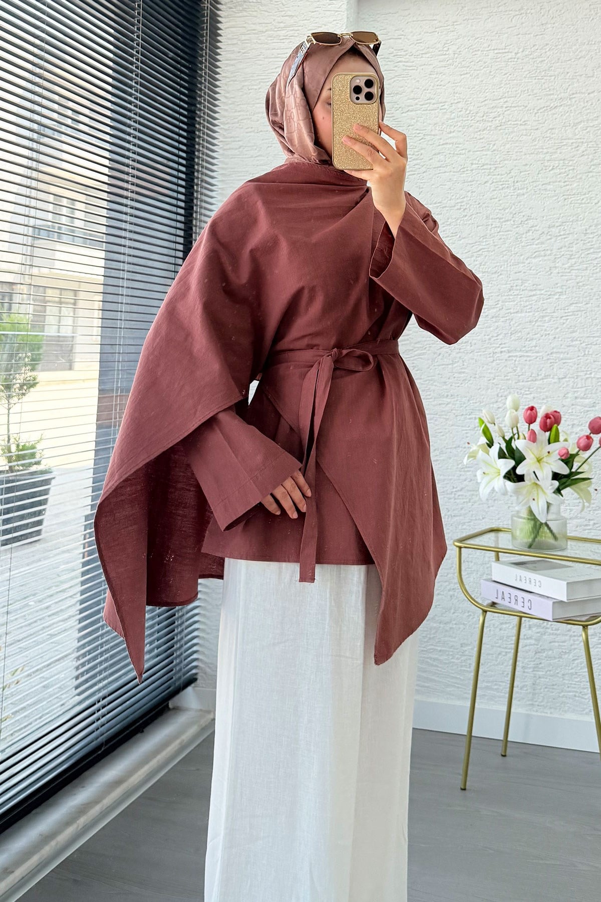 Premium Asimetrik Pelerinli Keten Tunik - Kiremit