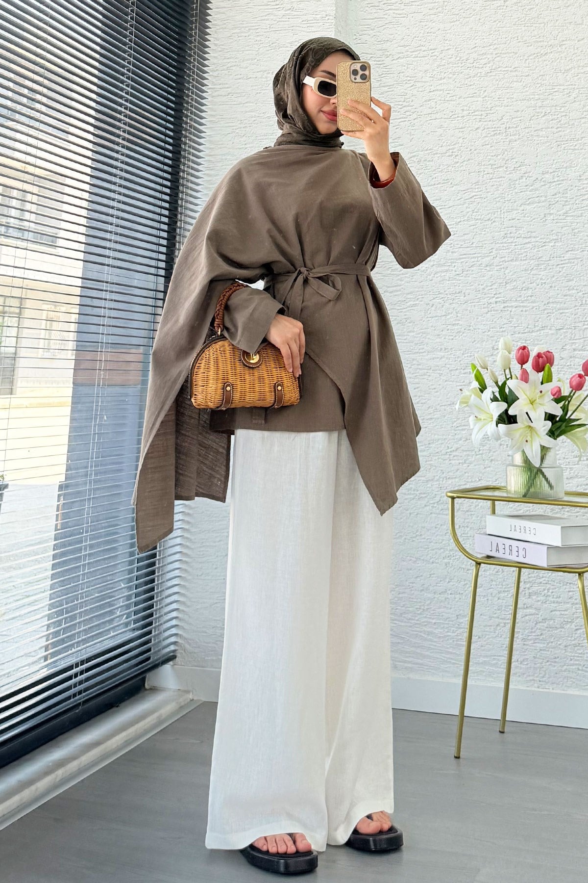 Premium Asimetrik Pelerinli Keten Tunik - Haki