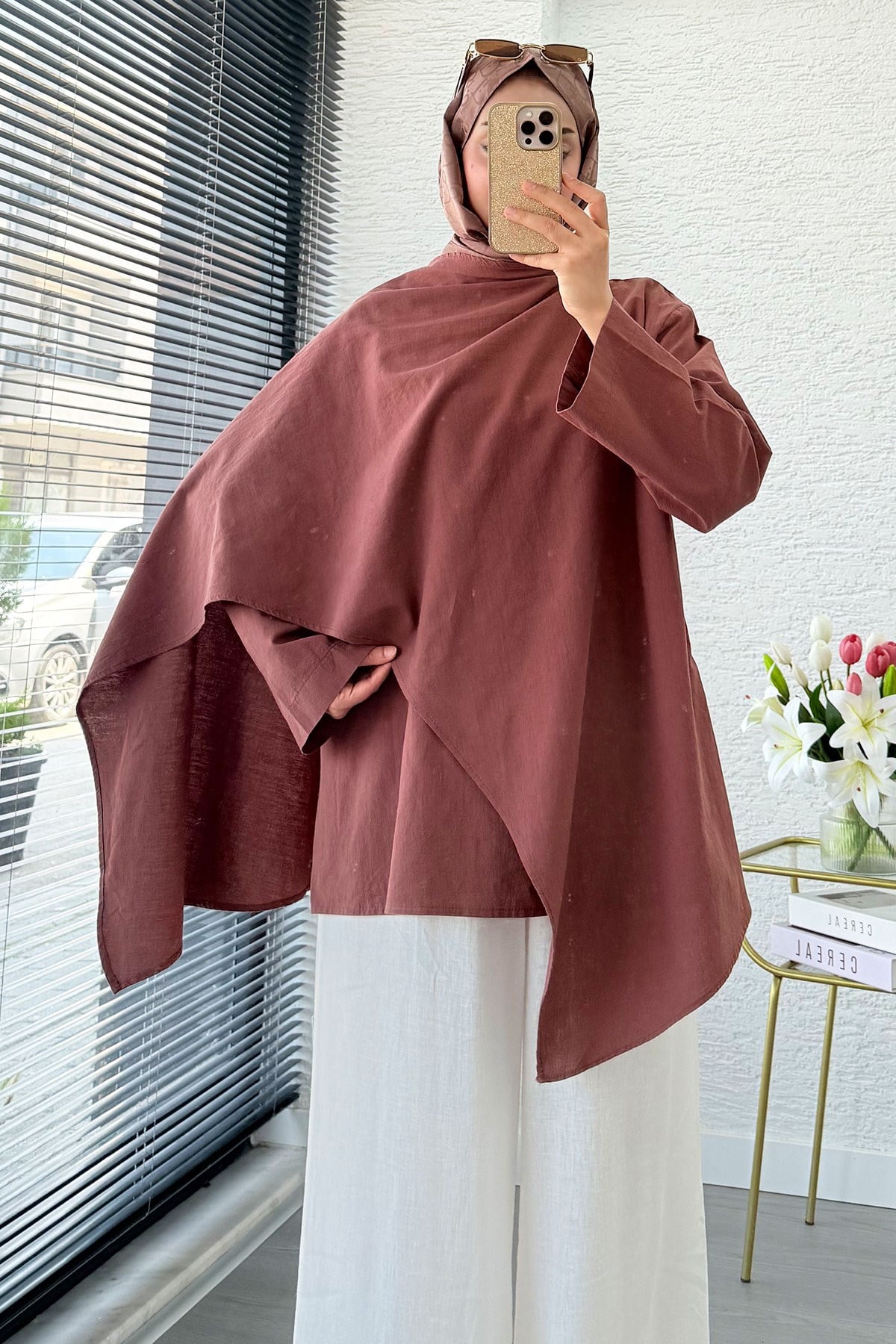 Premium Asimetrik Pelerinli Keten Tunik - Kiremit