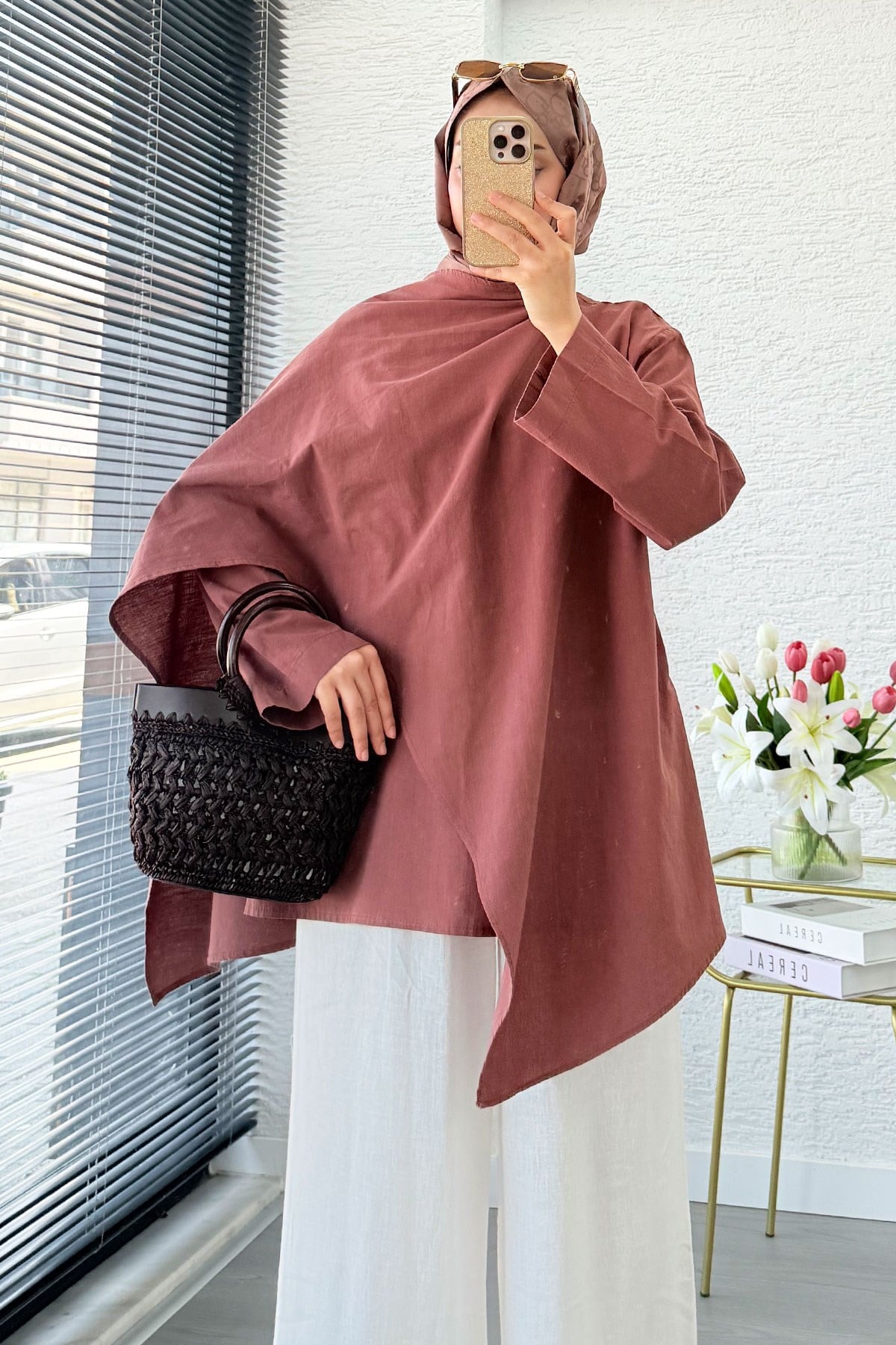 Premium Asimetrik Pelerinli Keten Tunik - Kiremit