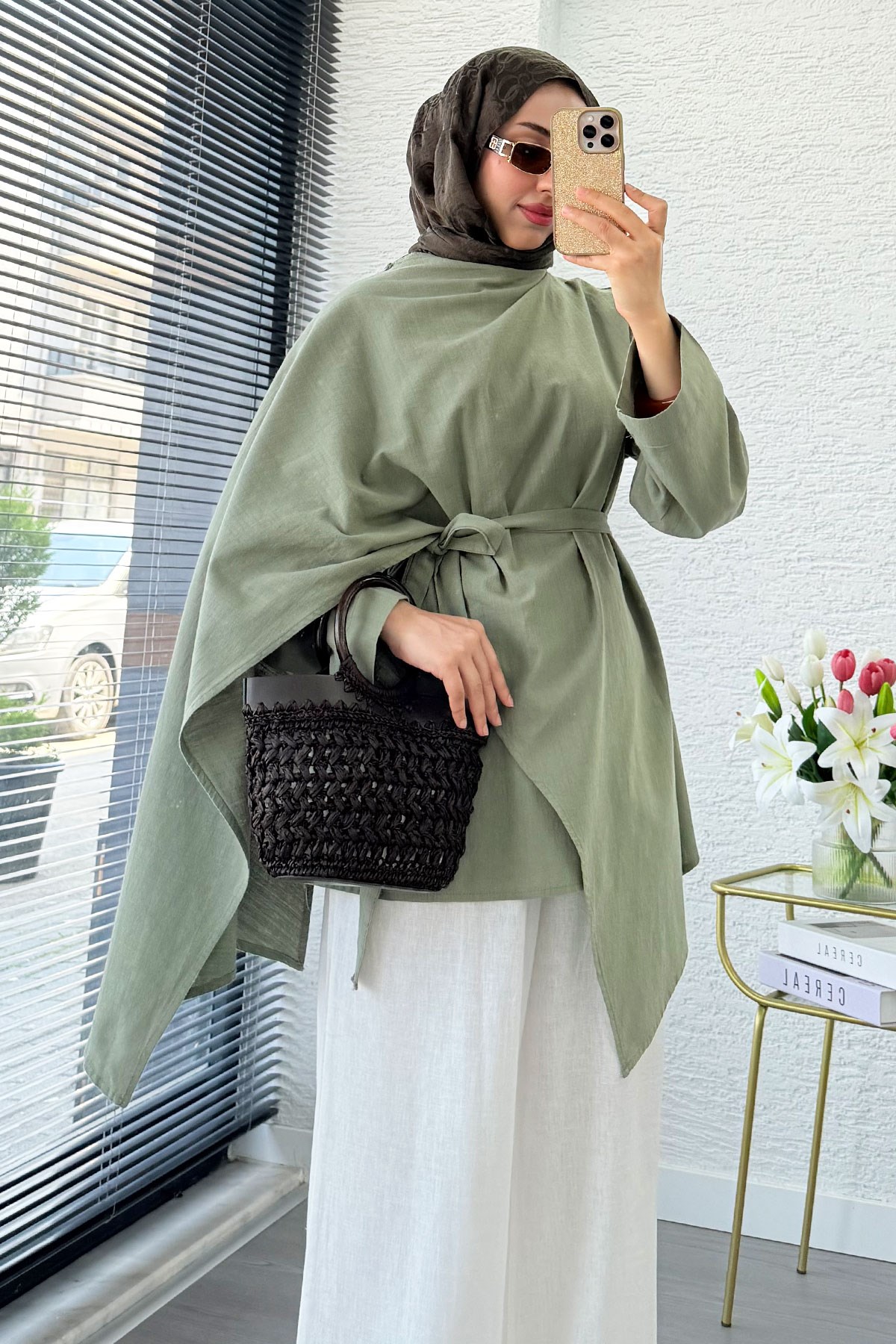 Premium Asimetrik Pelerinli Keten Tunik - Yeşil
