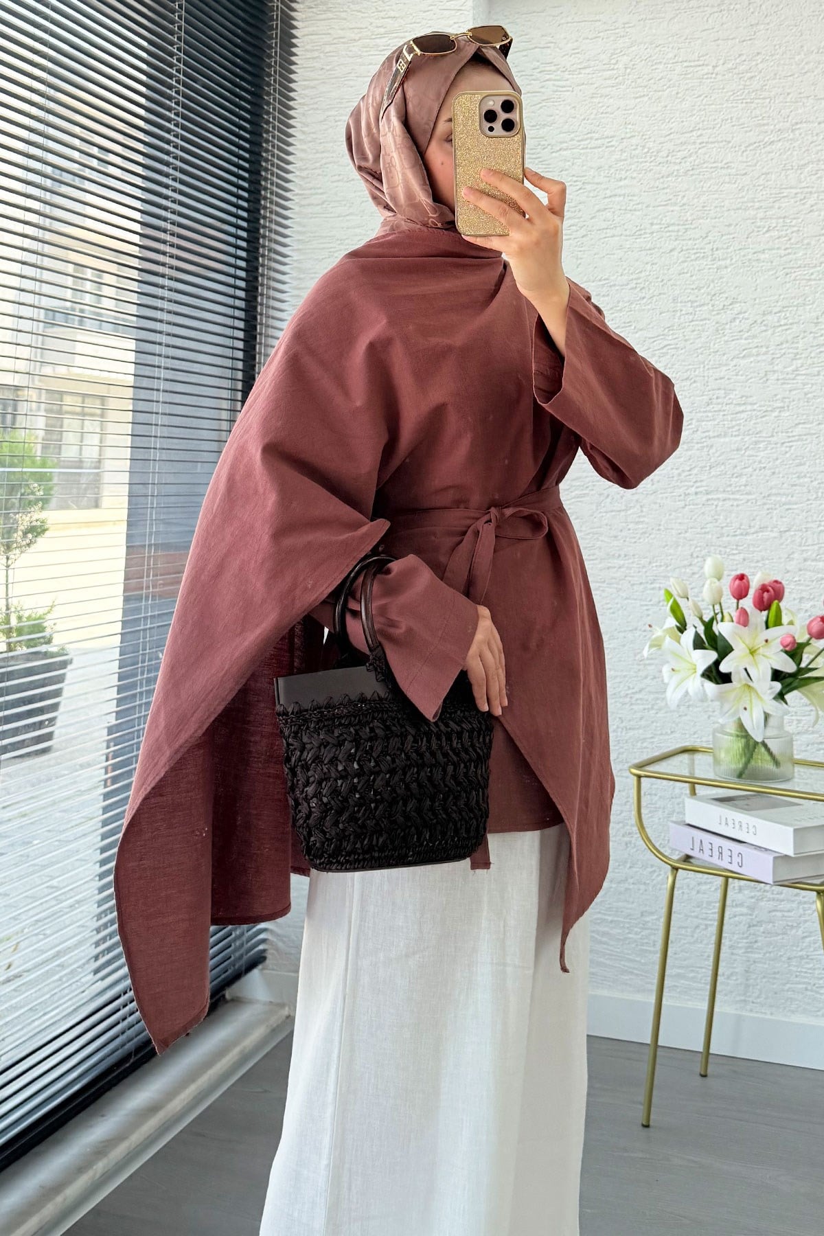 Premium Asimetrik Pelerinli Keten Tunik - Kiremit
