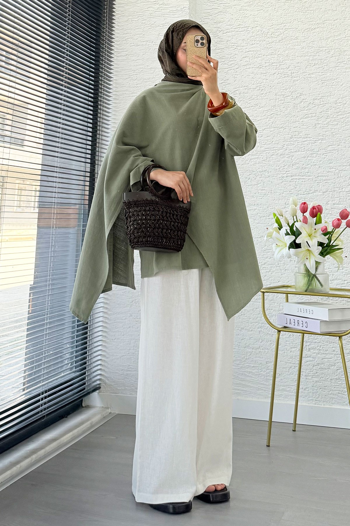 Premium Asimetrik Pelerinli Keten Tunik - Yeşil