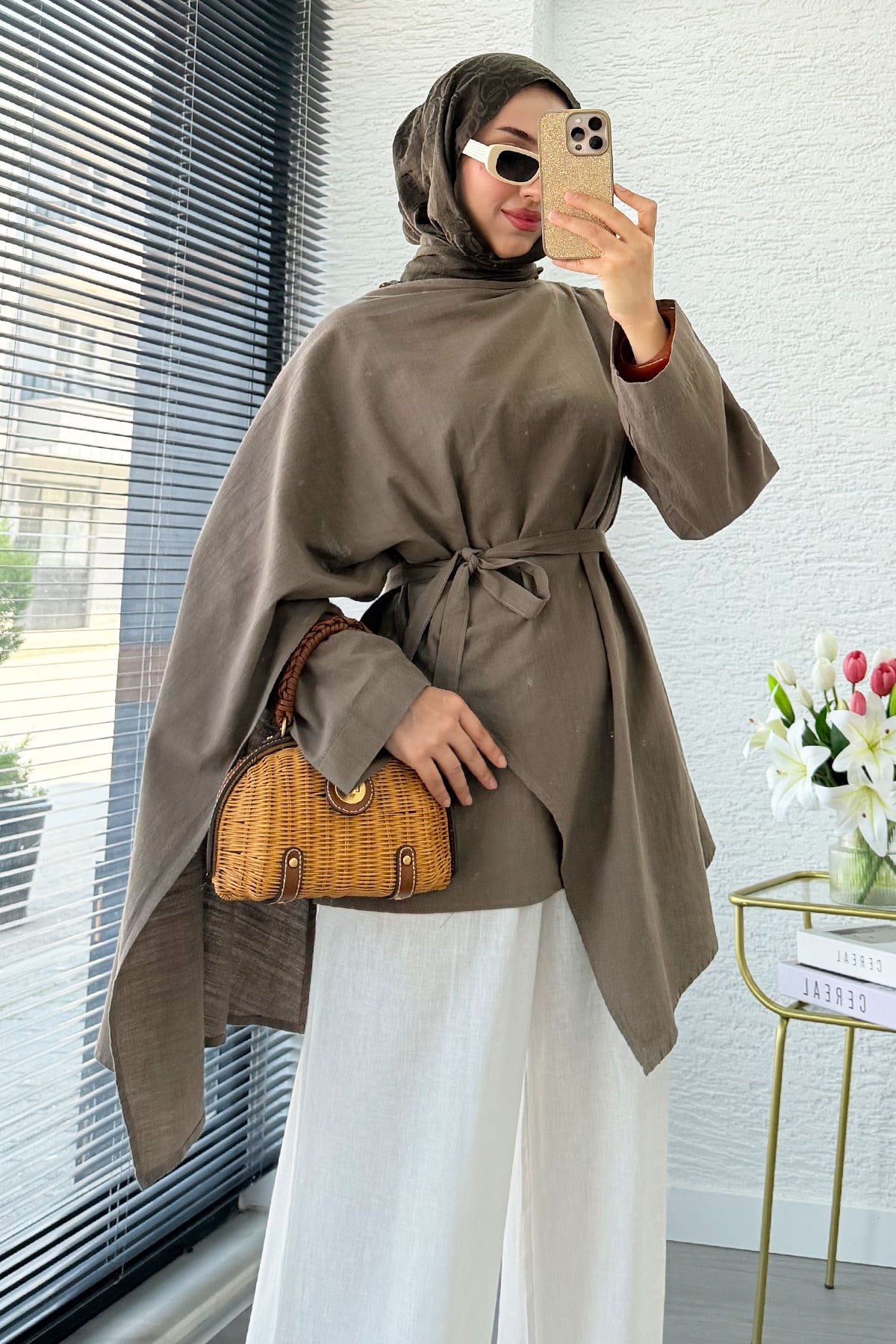 Premium Asimetrik Pelerinli Keten Tunik - Haki
