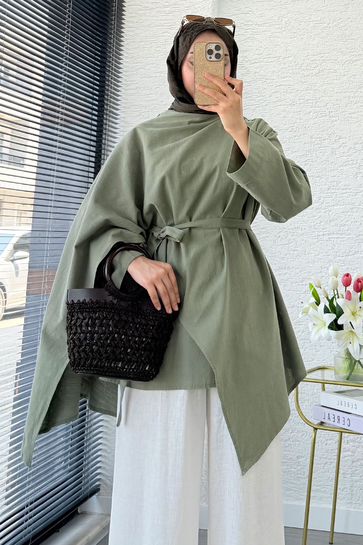 Premium Asimetrik Pelerinli Keten Tunik - Yeşil