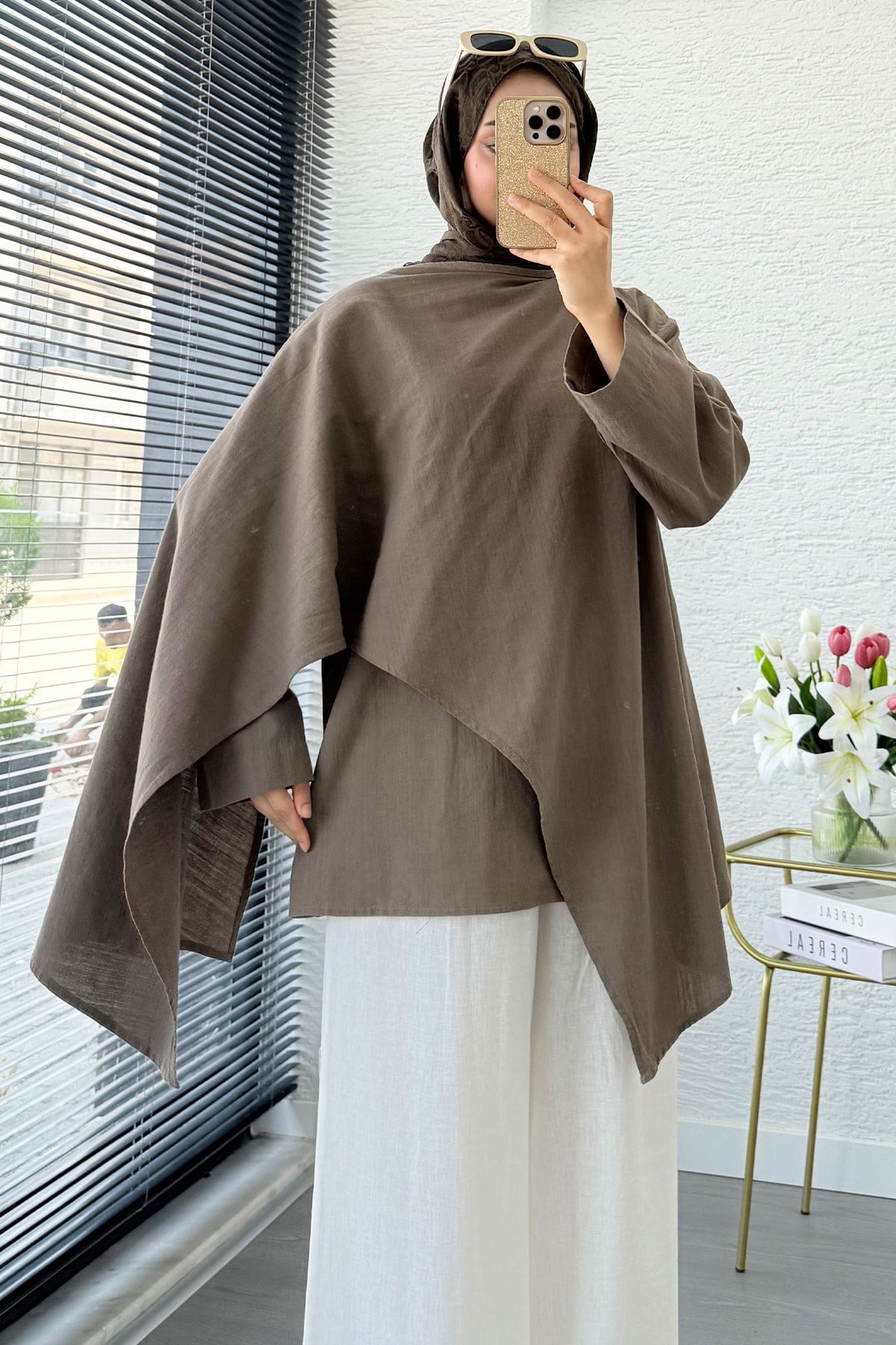 Premium Asimetrik Pelerinli Keten Tunik - Haki