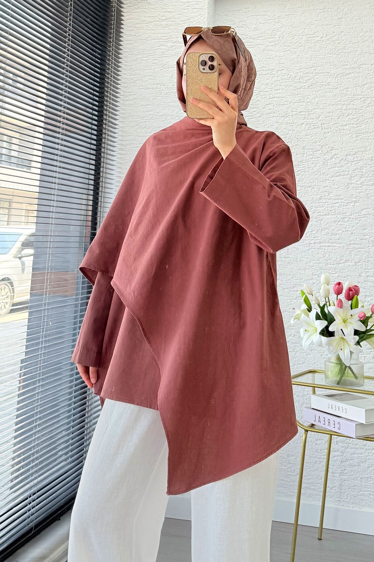 Premium Asimetrik Pelerinli Keten Tunik - Kiremit