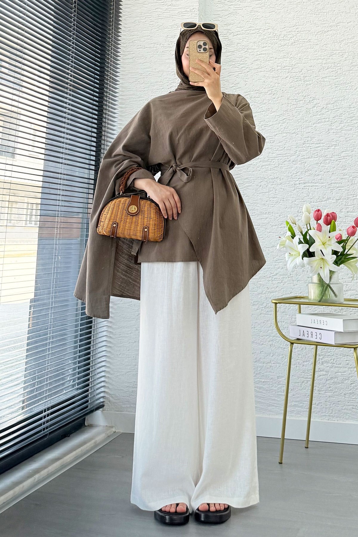 Premium Asimetrik Pelerinli Keten Tunik - Haki