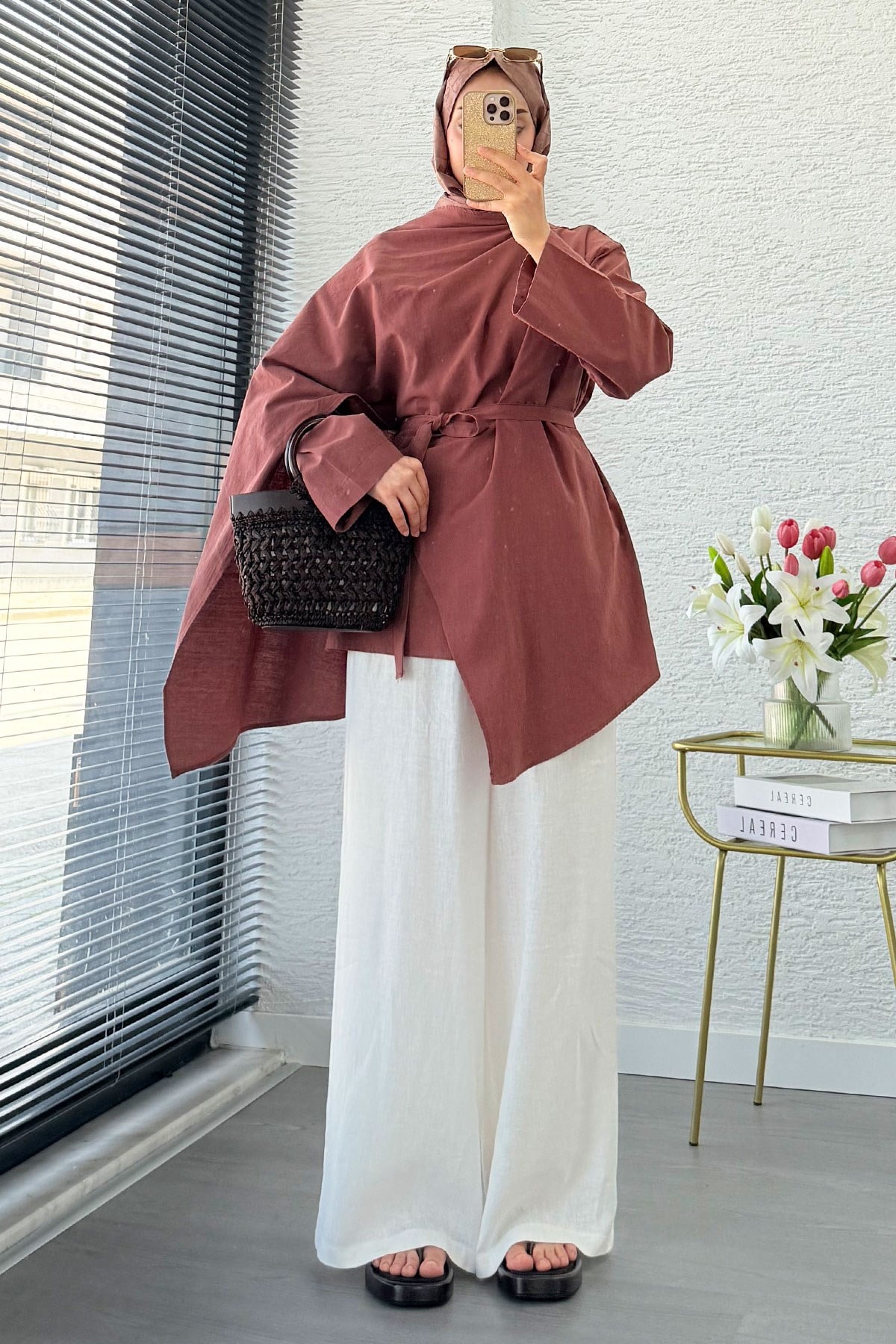 Premium Asimetrik Pelerinli Keten Tunik - Kiremit
