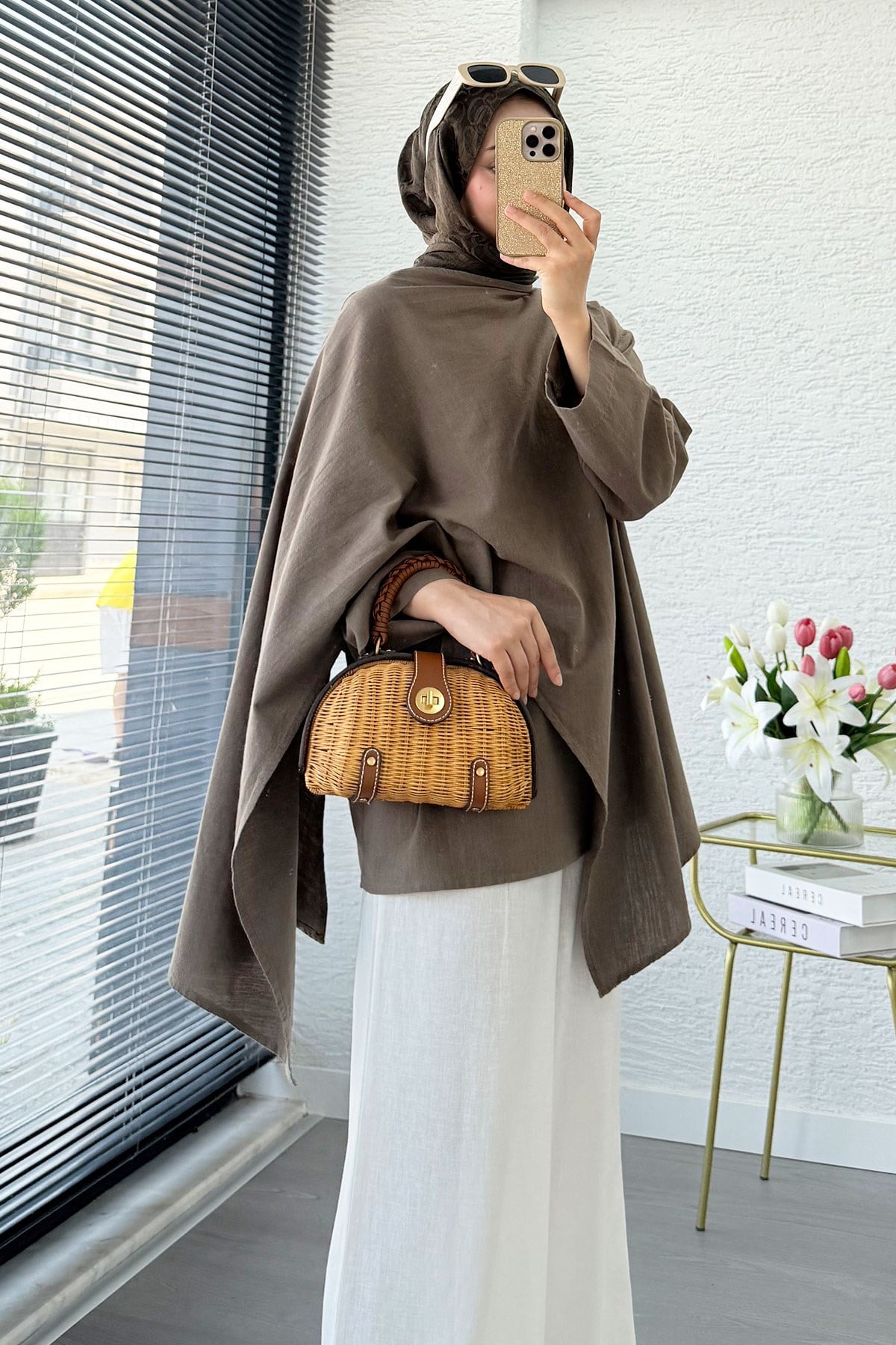 Premium Asimetrik Pelerinli Keten Tunik - Haki