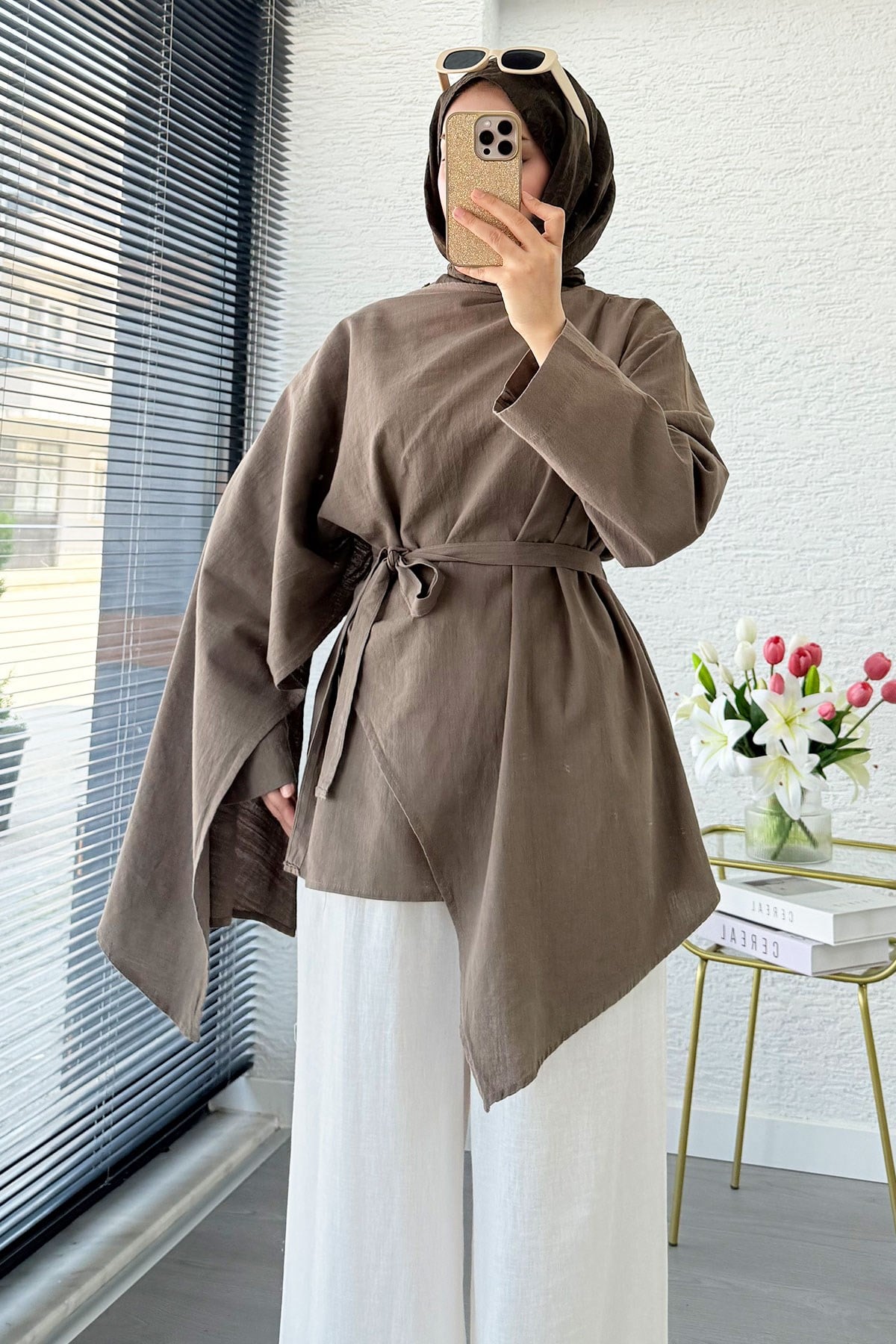 Premium Asimetrik Pelerinli Keten Tunik - Haki