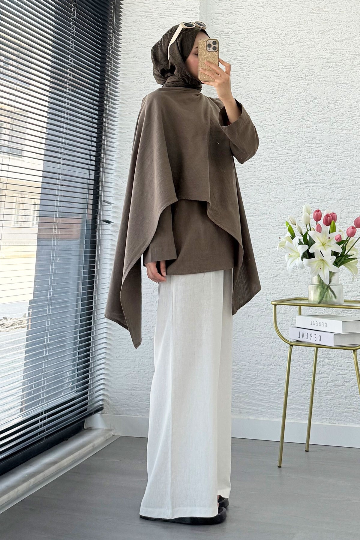 Premium Asimetrik Pelerinli Keten Tunik - Haki