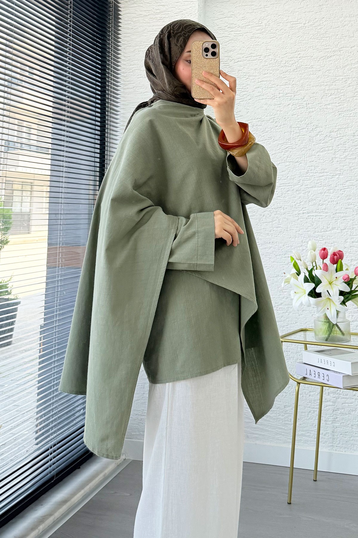 Premium Asimetrik Pelerinli Keten Tunik - Yeşil