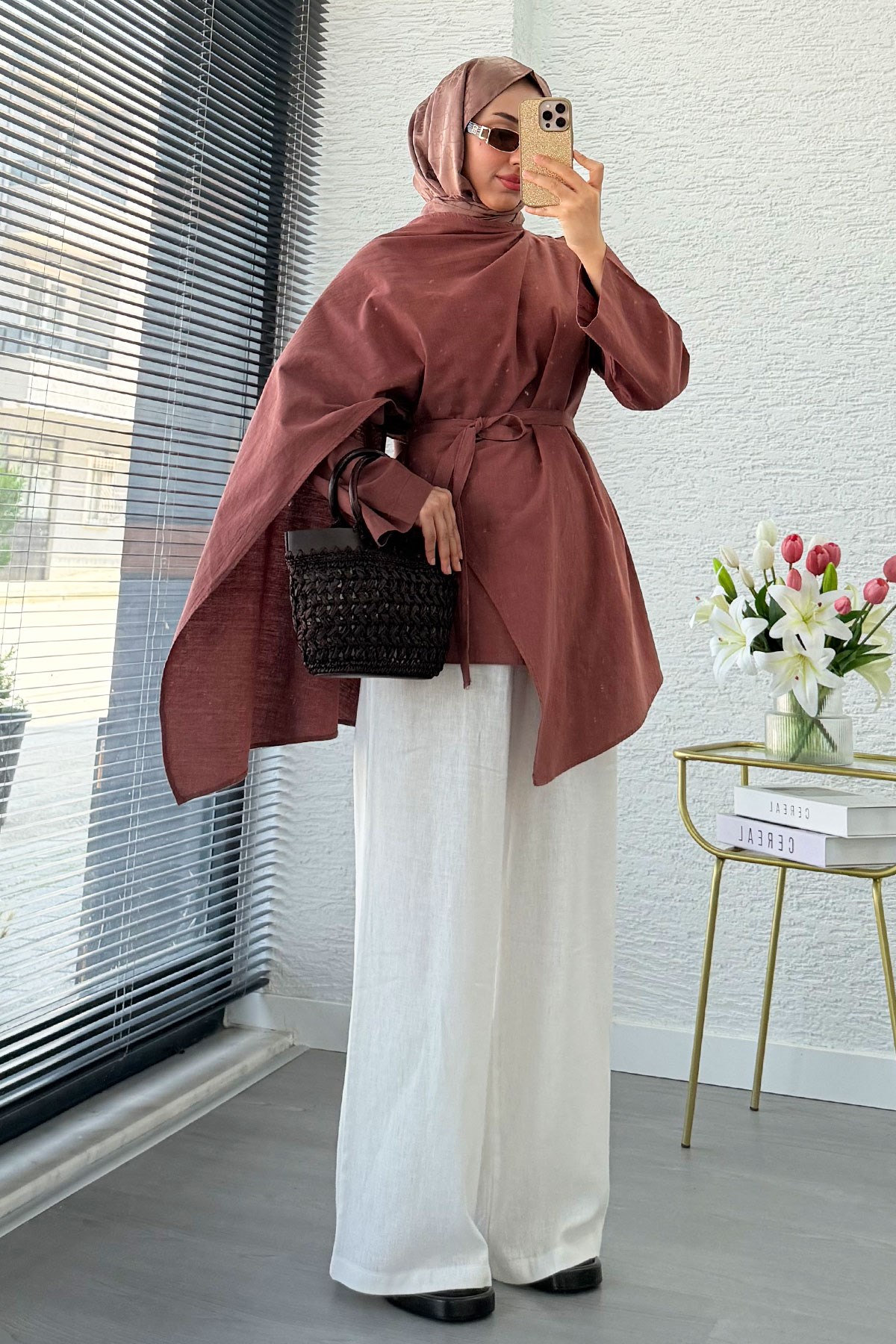 Premium Asimetrik Pelerinli Keten Tunik - Kiremit