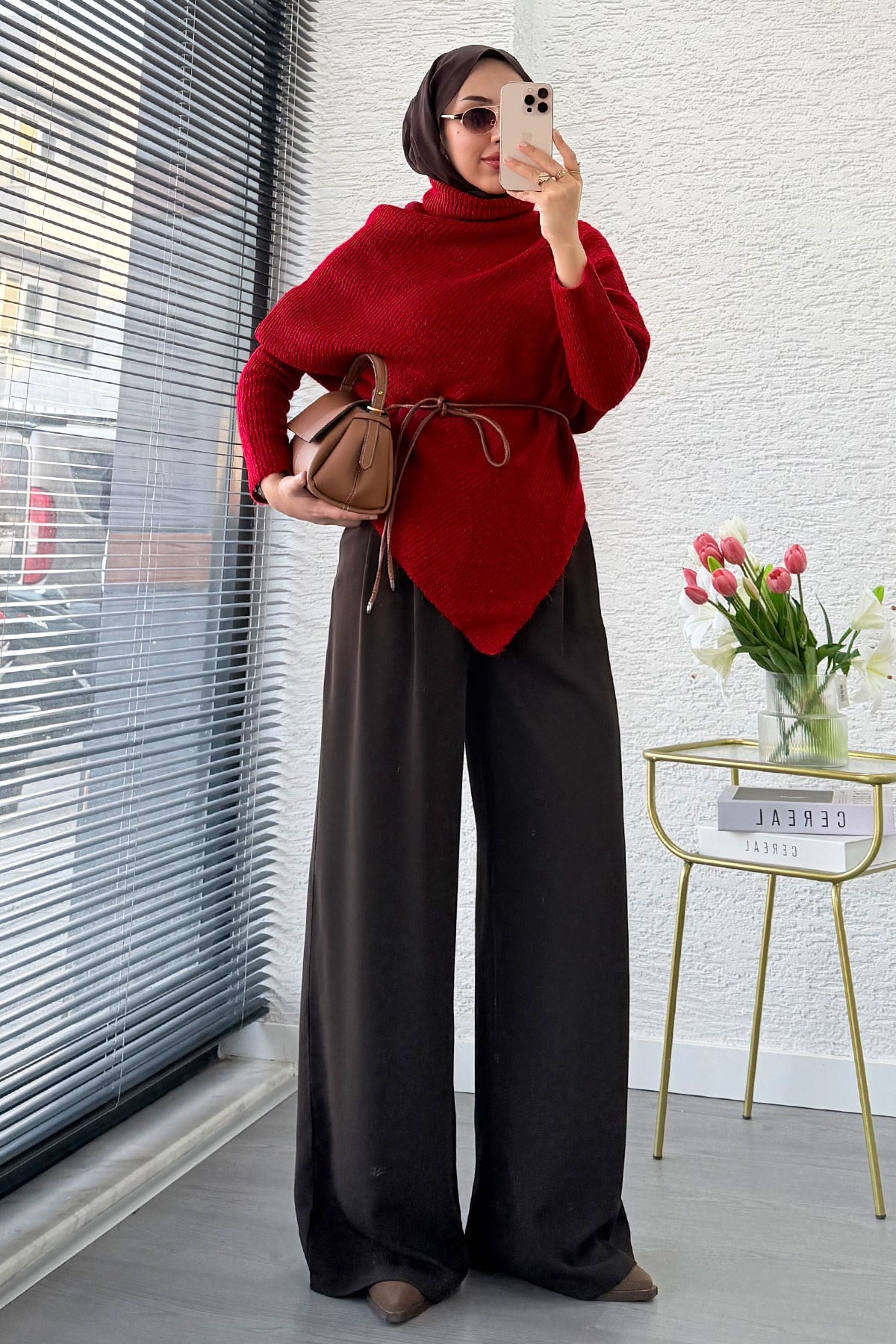 Premium Balıkçı Yaka Asimetrik Kesim Triko Bluz - Kırmızı