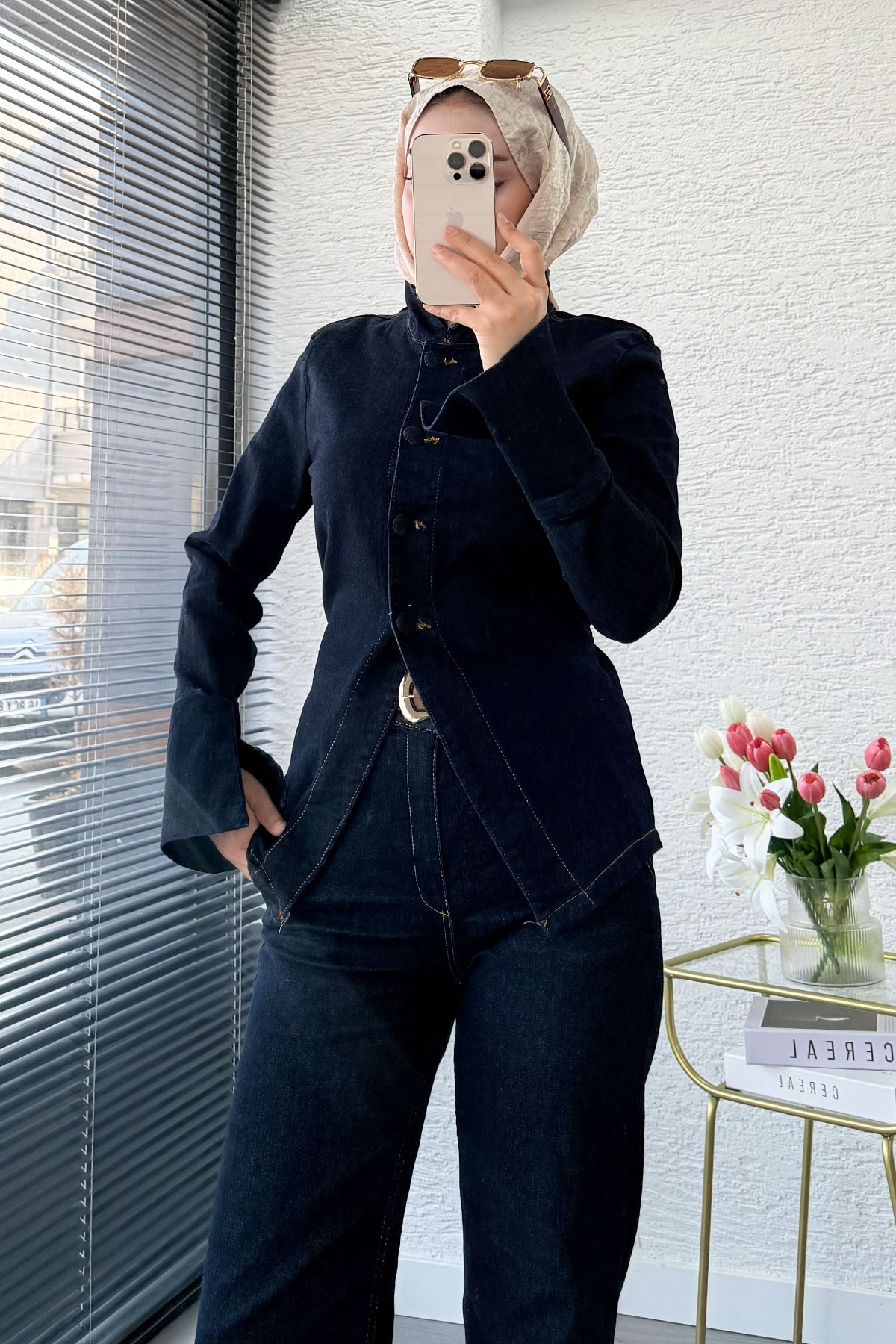 Premium Bel Bağlamalı Önden Düğmeli Denim Pantolon Takım -Koyu Mavi