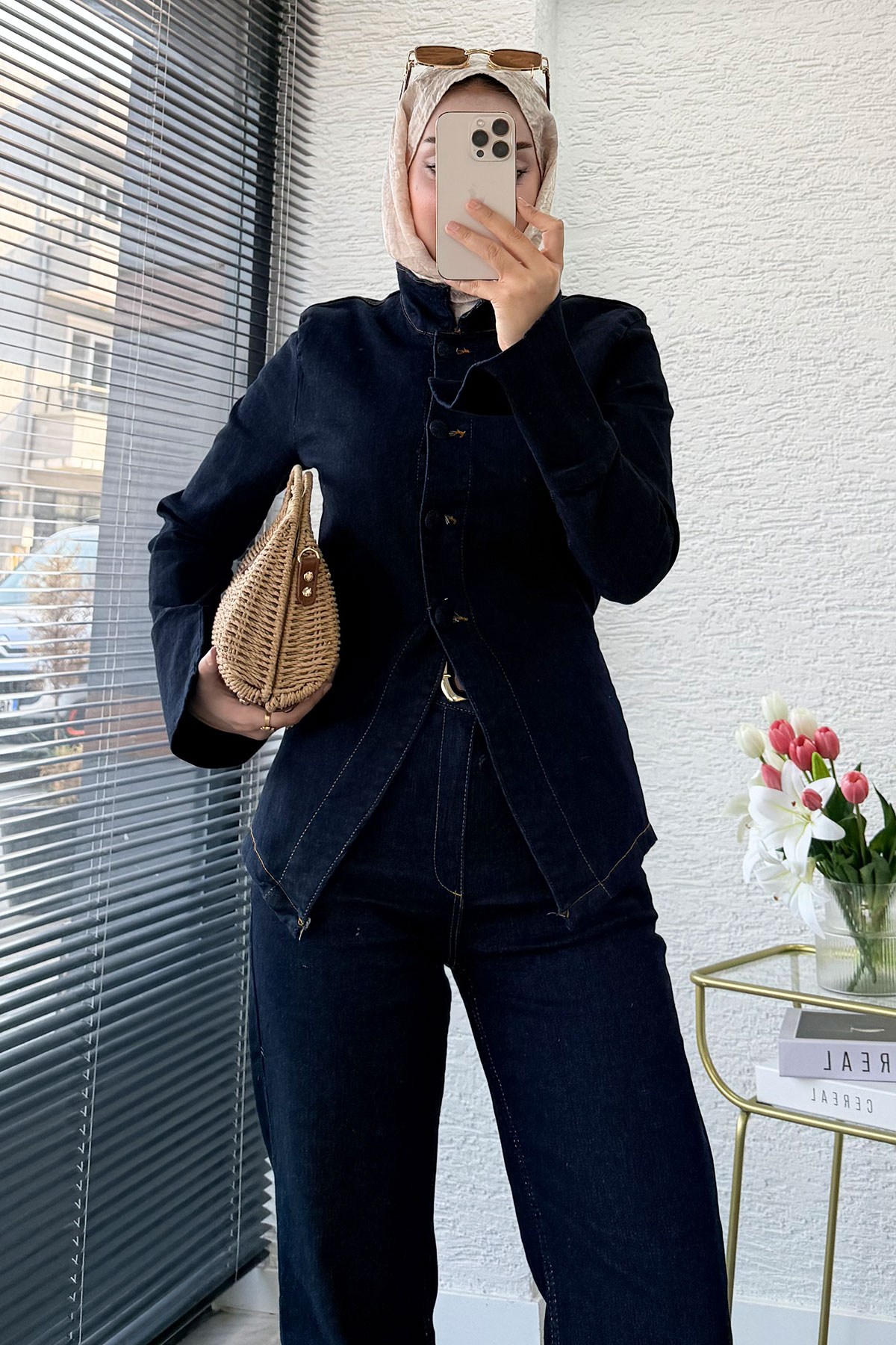 Premium Bel Bağlamalı Önden Düğmeli Denim Pantolon Takım -Koyu Mavi