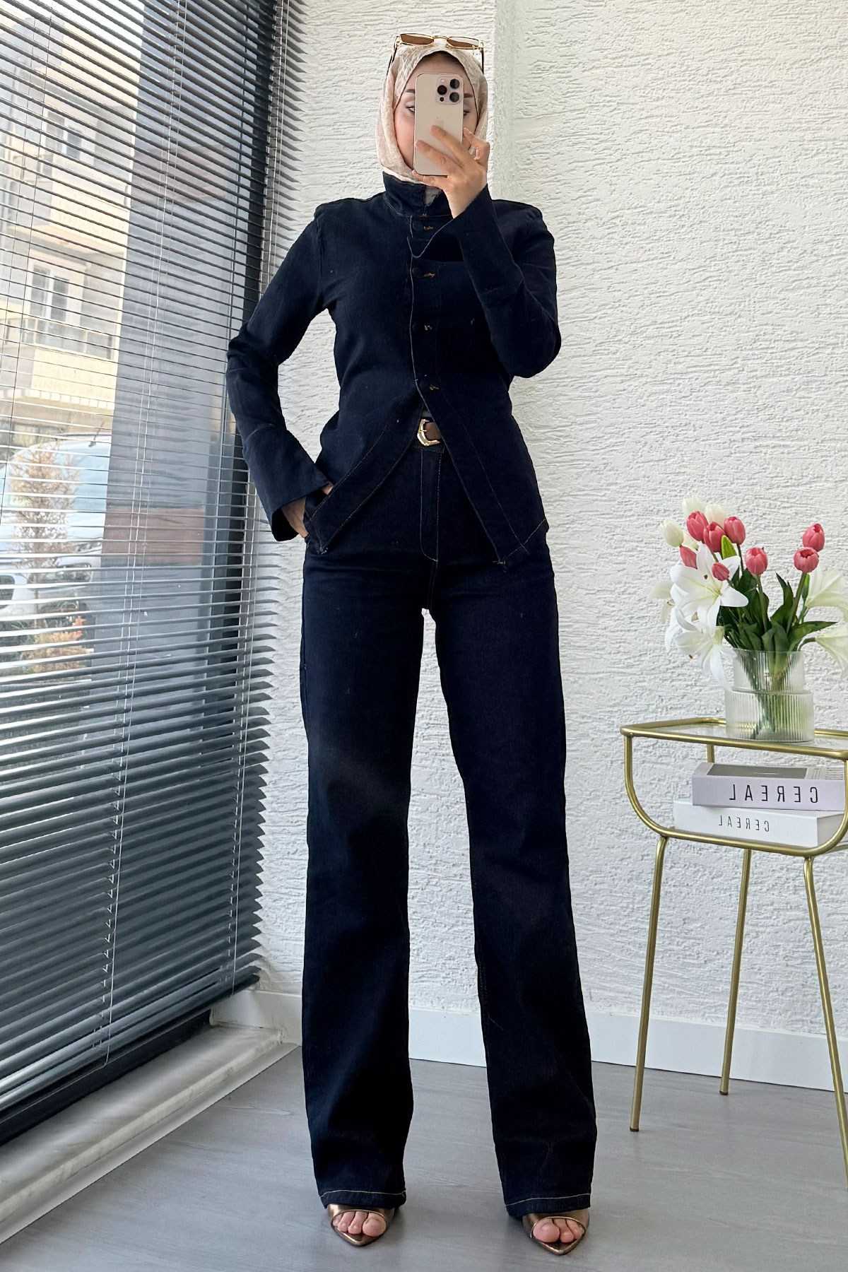 Premium Bel Bağlamalı Önden Düğmeli Denim Pantolon Takım -Koyu Mavi