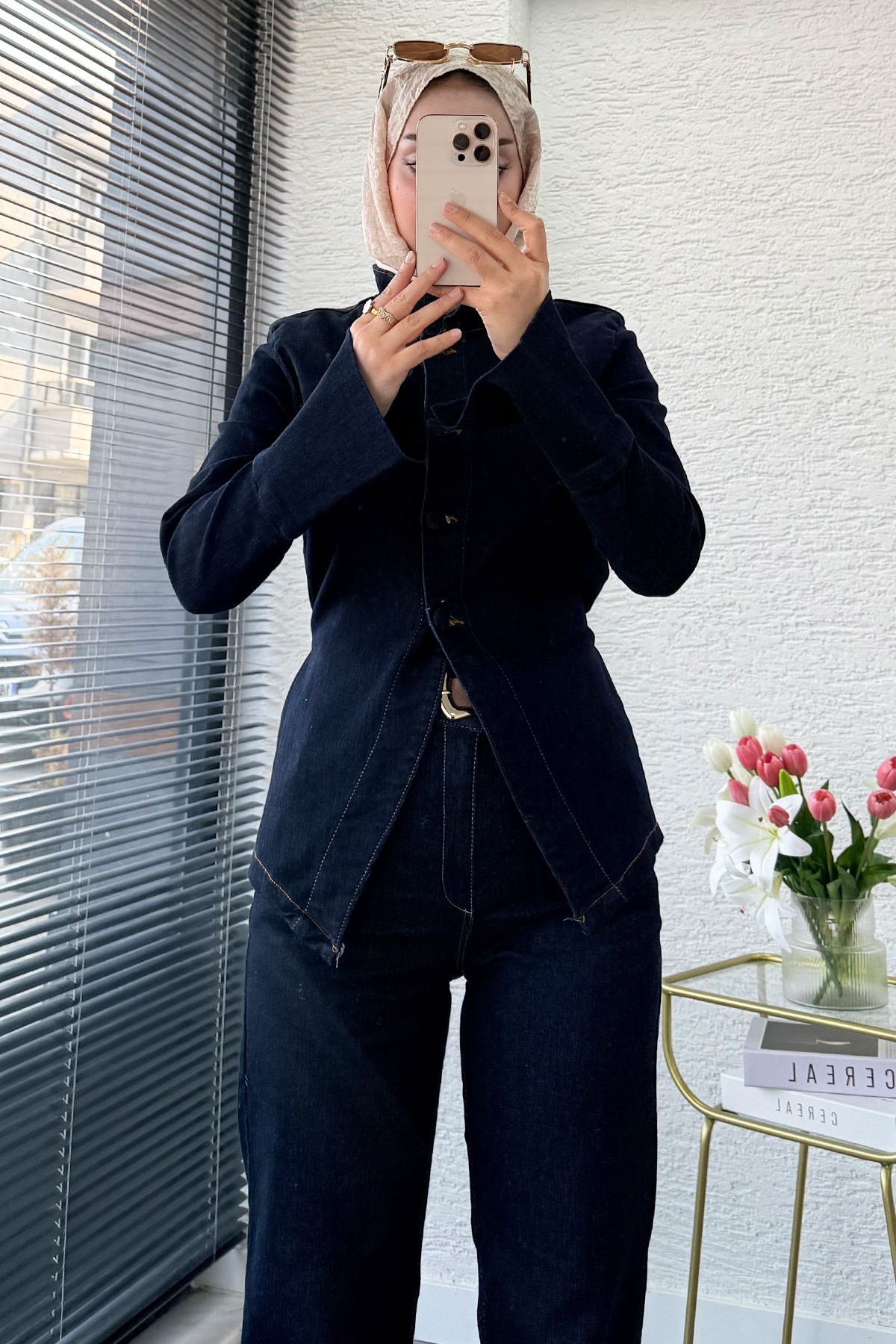 Premium Bel Bağlamalı Önden Düğmeli Denim Pantolon Takım -Koyu Mavi