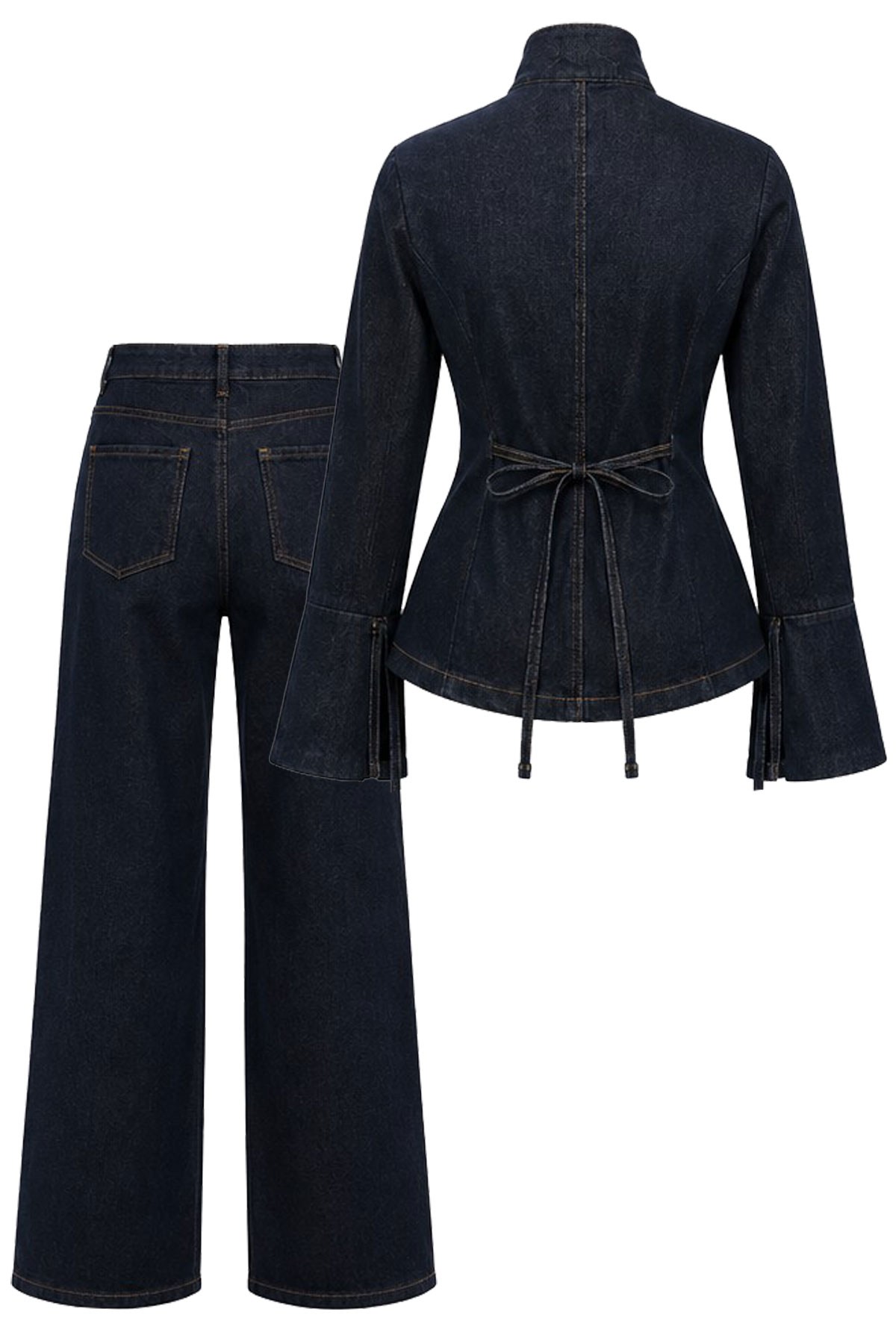 Premium Bel Bağlamalı Önden Düğmeli Denim Pantolon Takım -Koyu Mavi