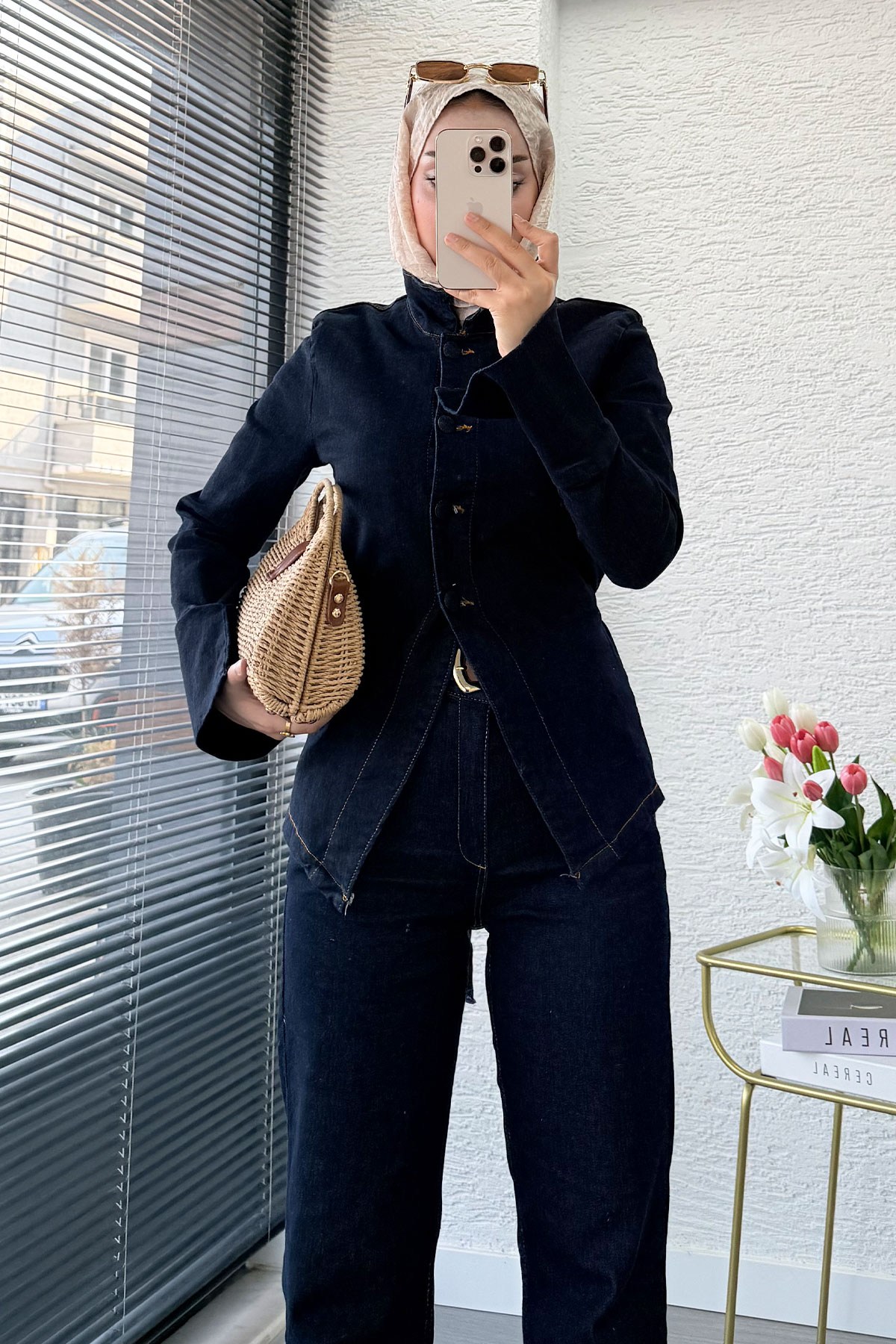 Premium Bel Bağlamalı Önden Düğmeli Denim Pantolon Takım -Koyu Mavi