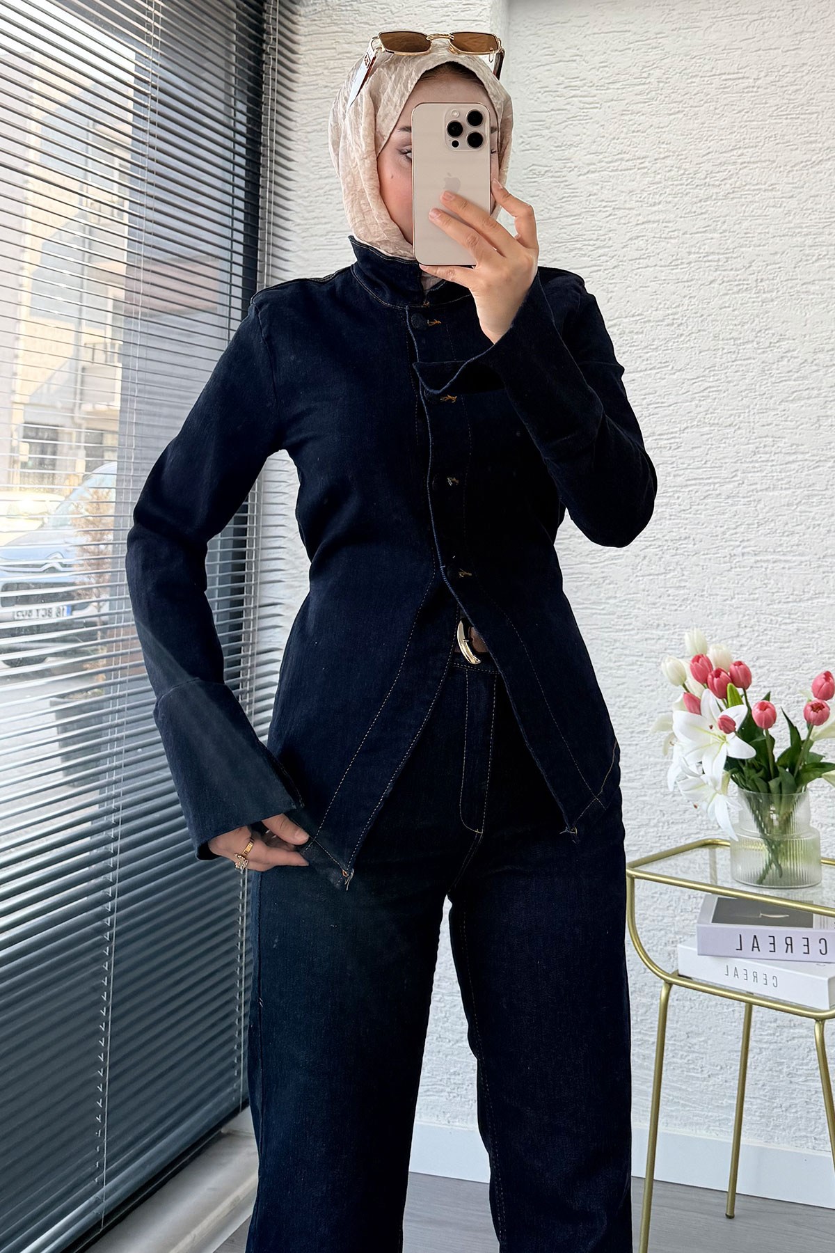 Premium Bel Bağlamalı Önden Düğmeli Denim Pantolon Takım -Koyu Mavi
