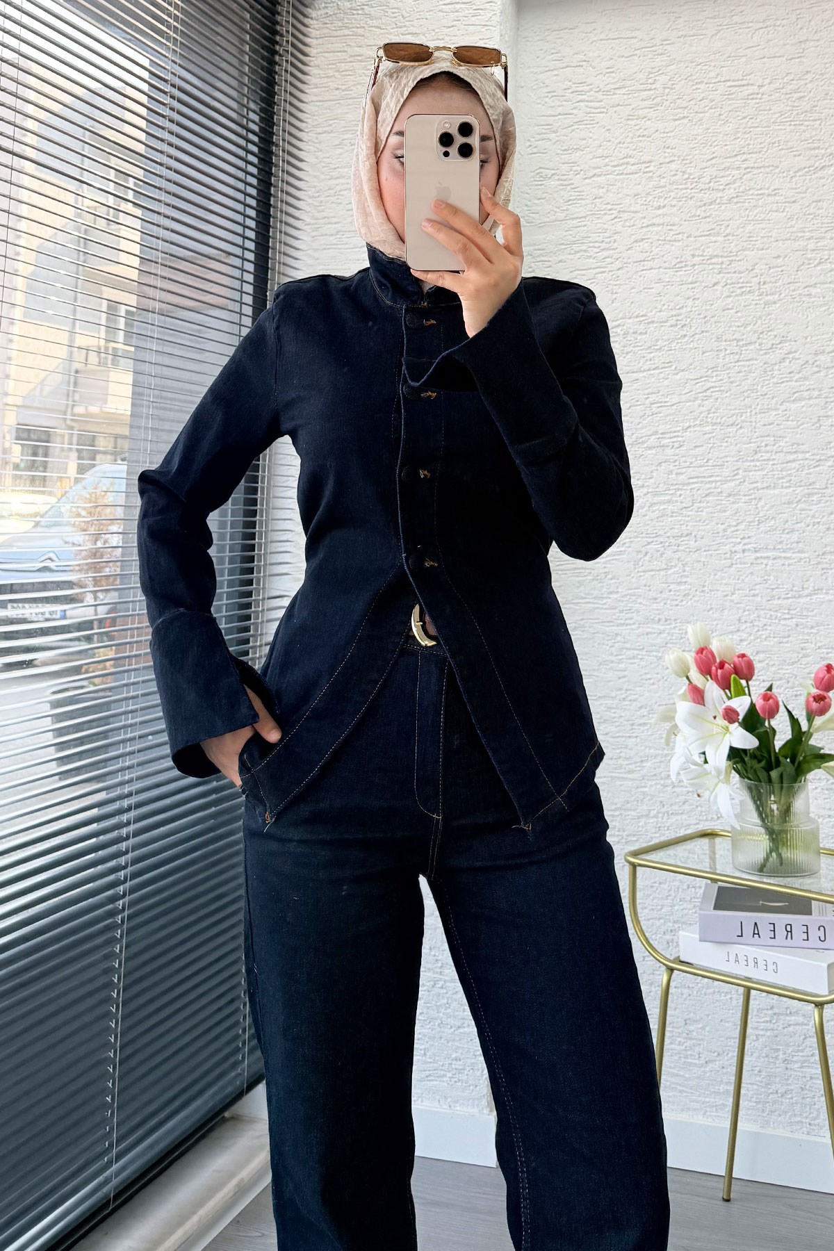 Premium Bel Bağlamalı Önden Düğmeli Denim Pantolon Takım -Koyu Mavi