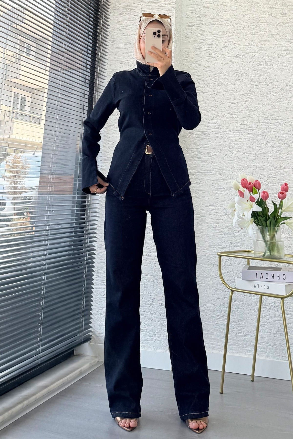 Premium Bel Bağlamalı Önden Düğmeli Denim Pantolon Takım -Koyu Mavi