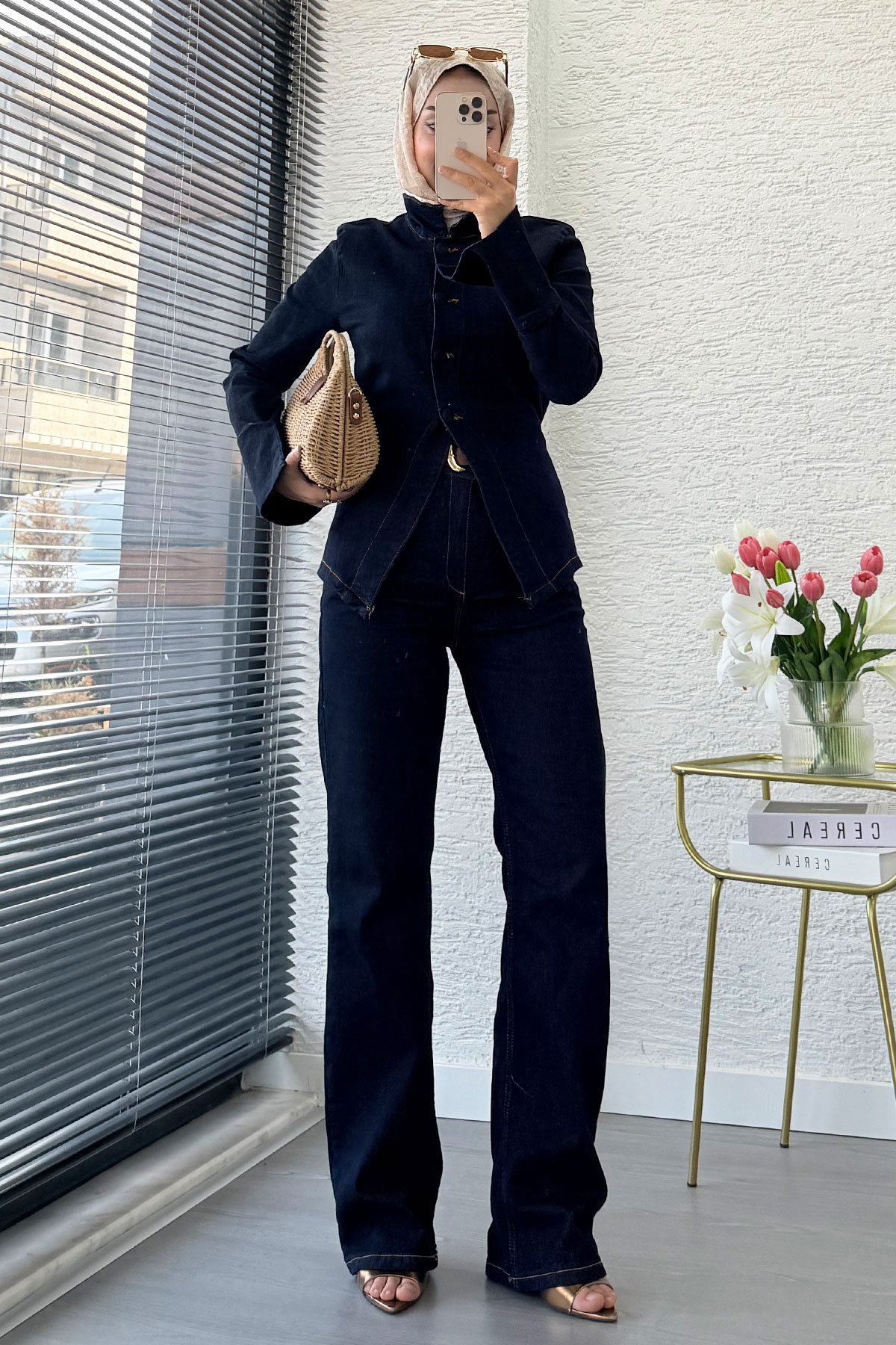 Premium Bel Bağlamalı Önden Düğmeli Denim Pantolon Takım -Koyu Mavi