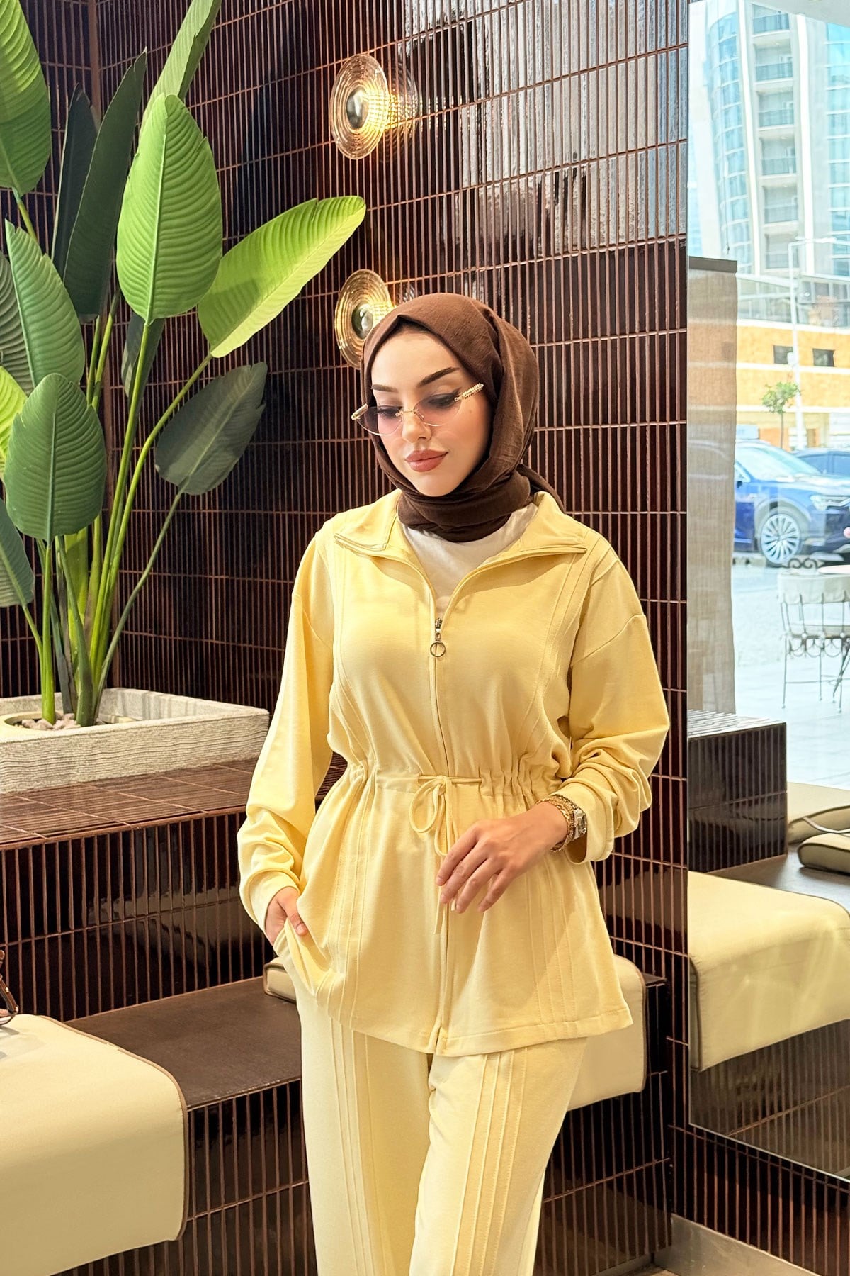 Premium Bel Büzgülü Cima Detay Double Face Pantolon Takım - Sarı