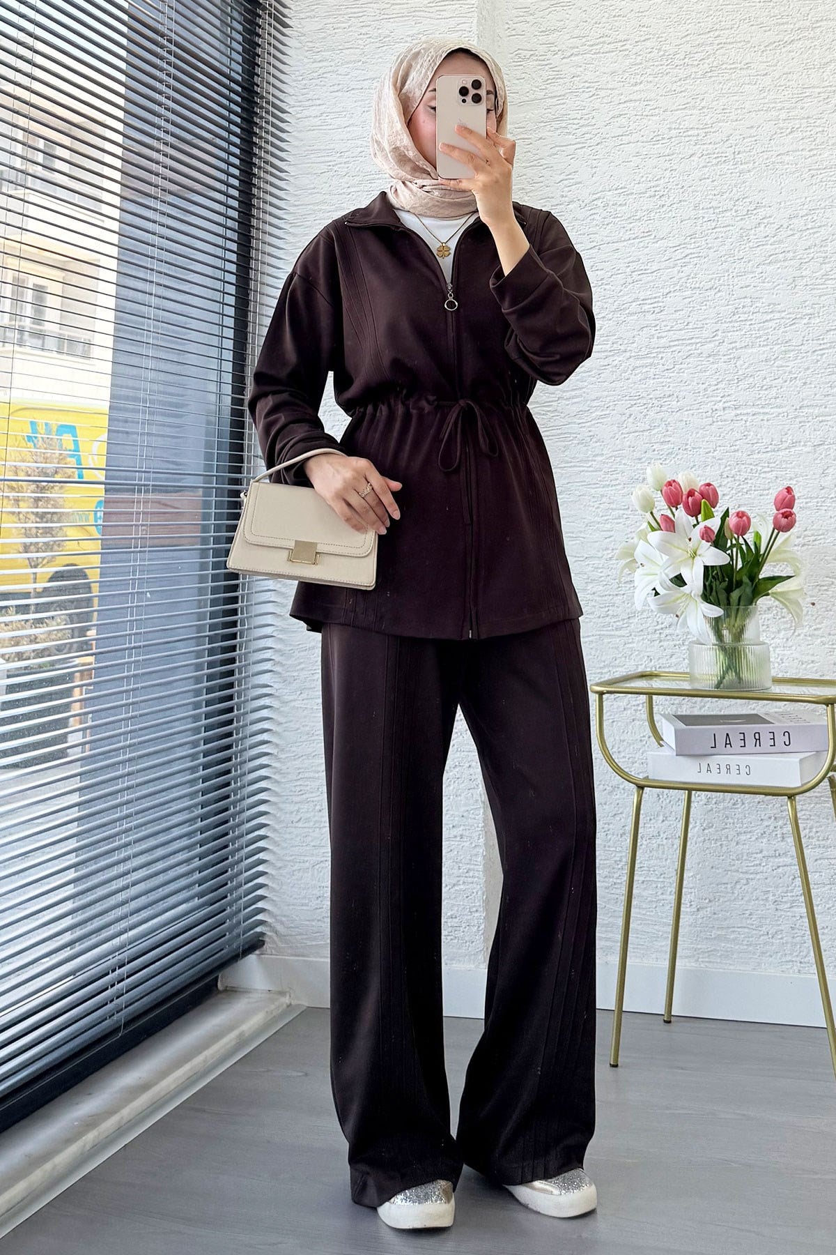 Premium Bel Büzgülü Cima Detay Double Face Pantolon Takım - Kahverengi