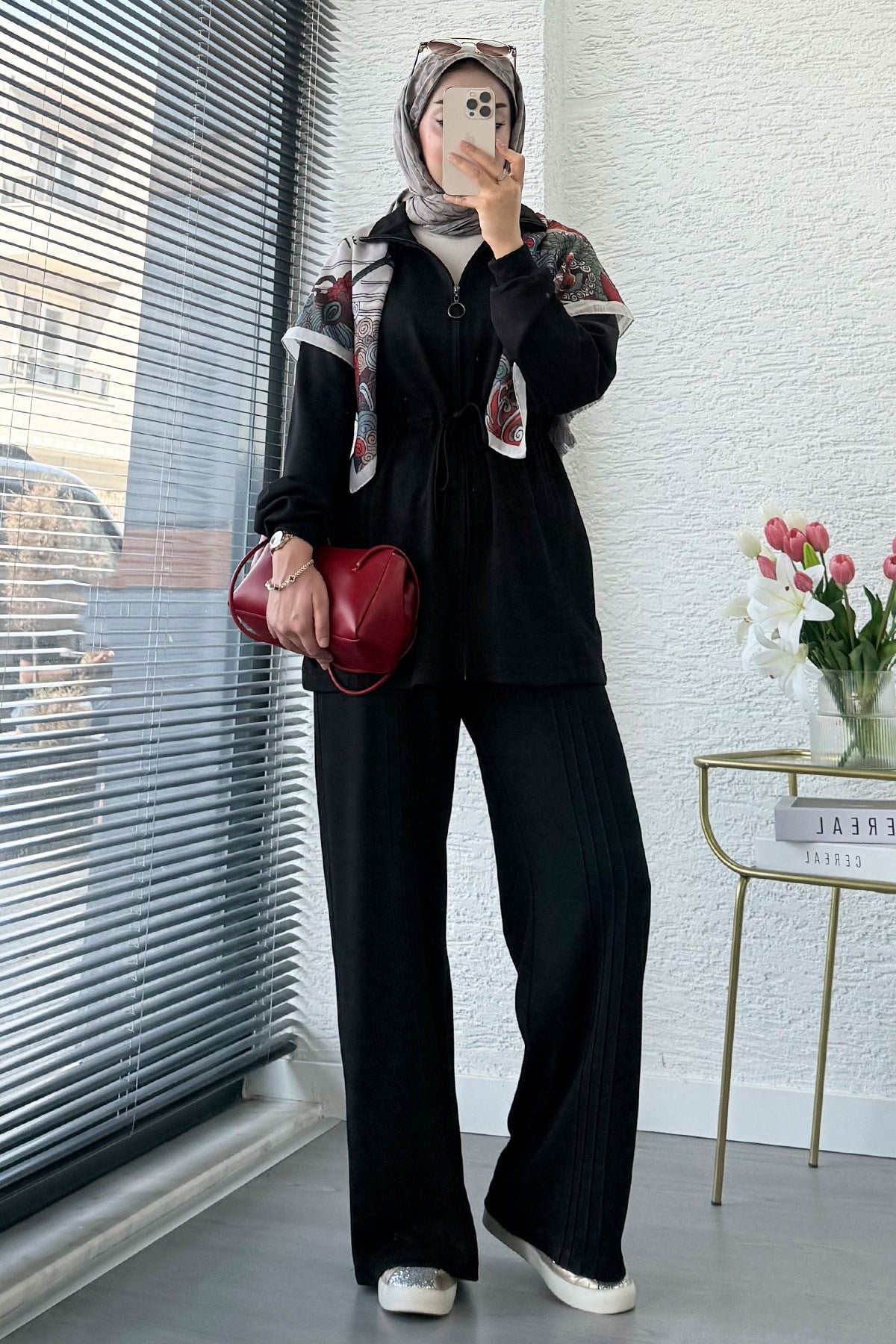 Premium Bel Büzgülü Cima Detay Double Face Pantolon Takım - Siyah