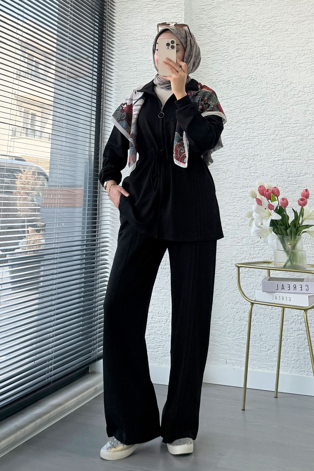 Premium Bel Büzgülü Cima Detay Double Face Pantolon Takım - Siyah