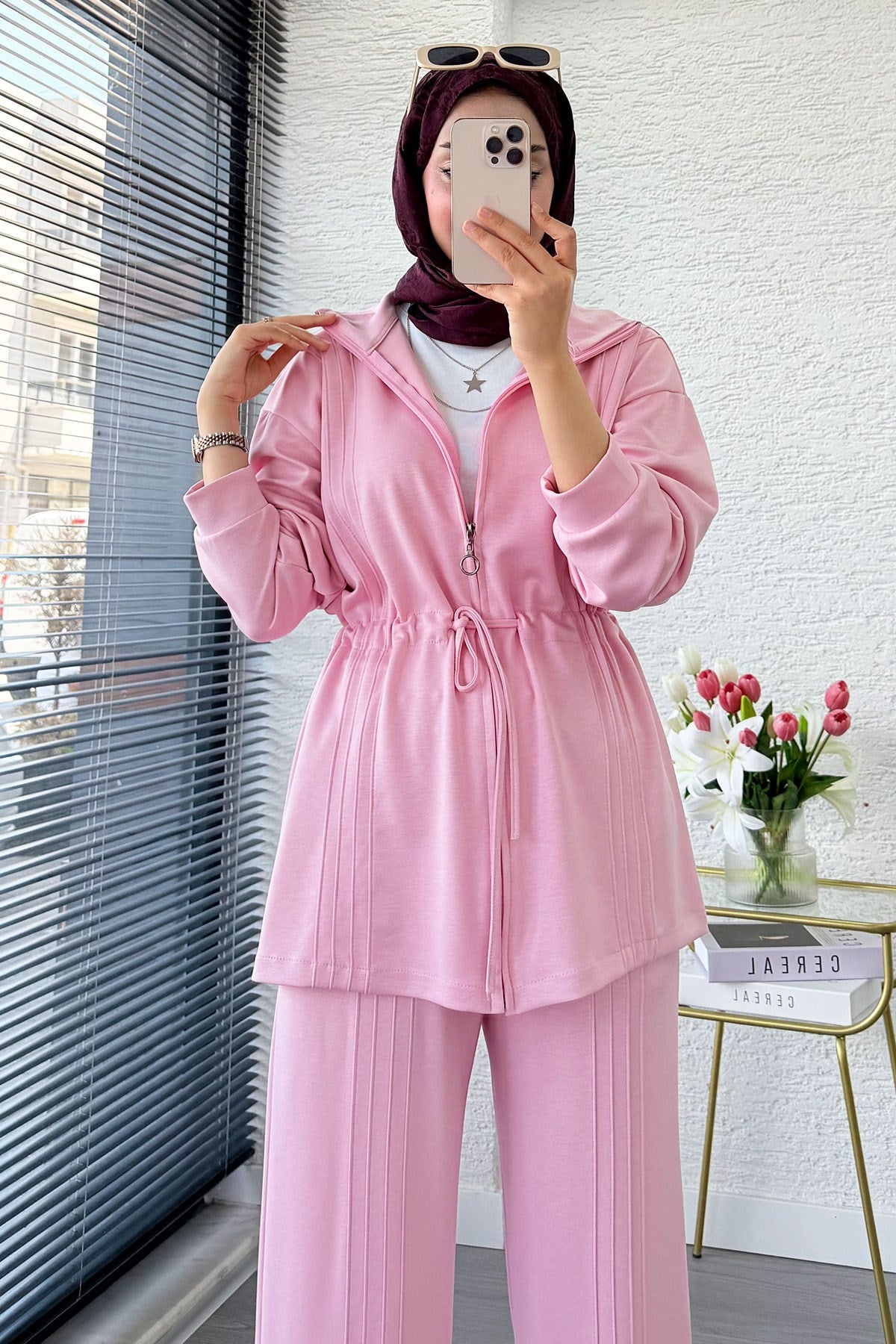 Premium Bel Büzgülü Cima Detay Double Face Pantolon Takım - Pembe