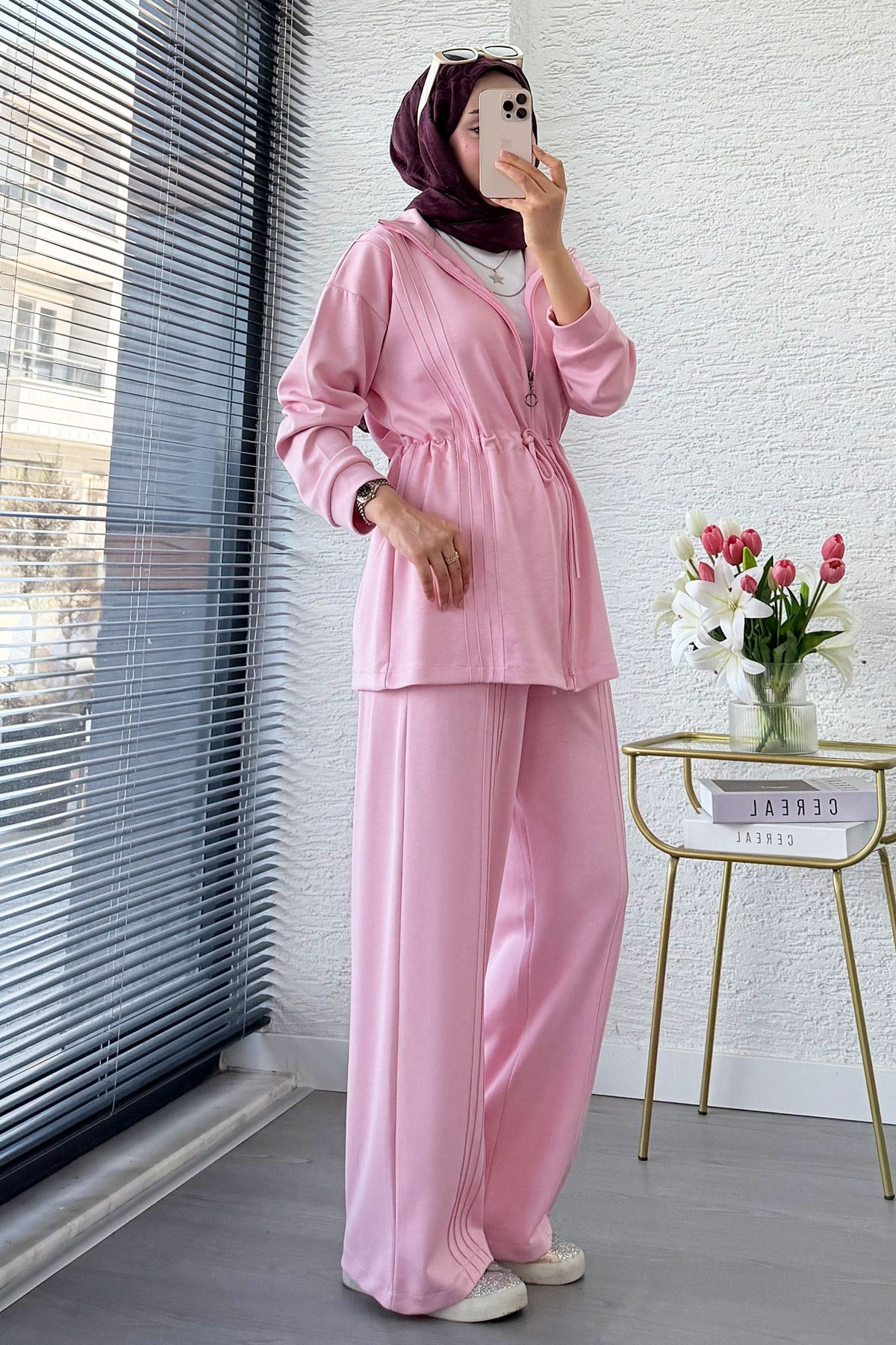 Premium Bel Büzgülü Cima Detay Double Face Pantolon Takım - Pembe
