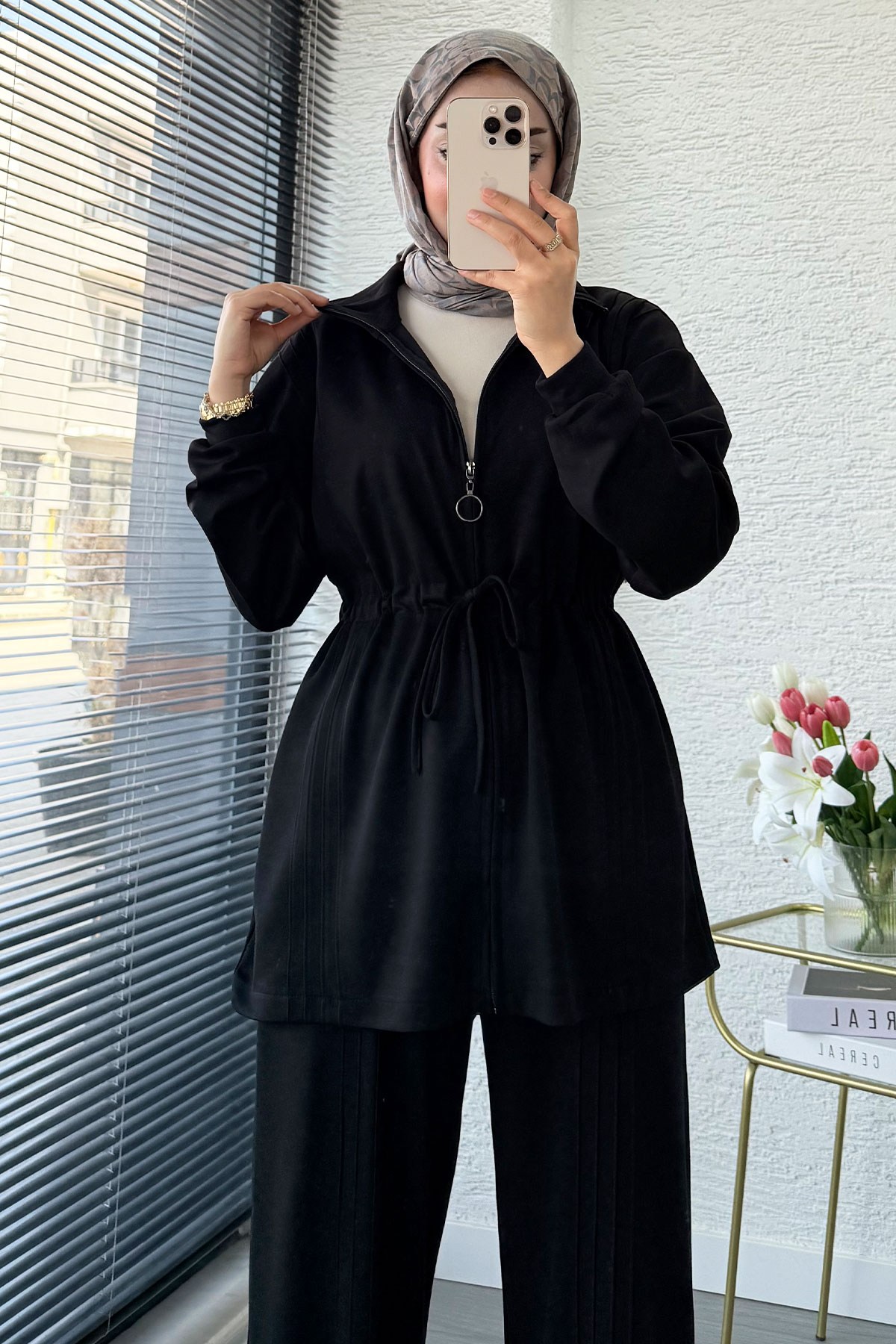 Premium Bel Büzgülü Cima Detay Double Face Pantolon Takım - Siyah