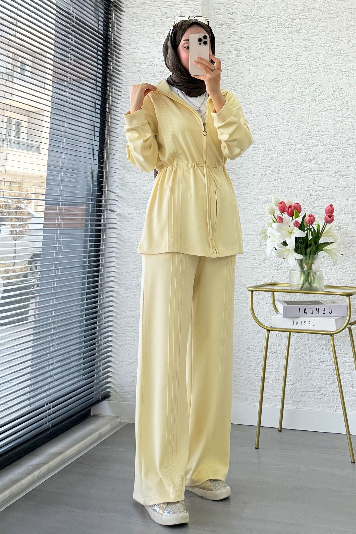 Premium Bel Büzgülü Cima Detay Double Face Pantolon Takım - Sarı