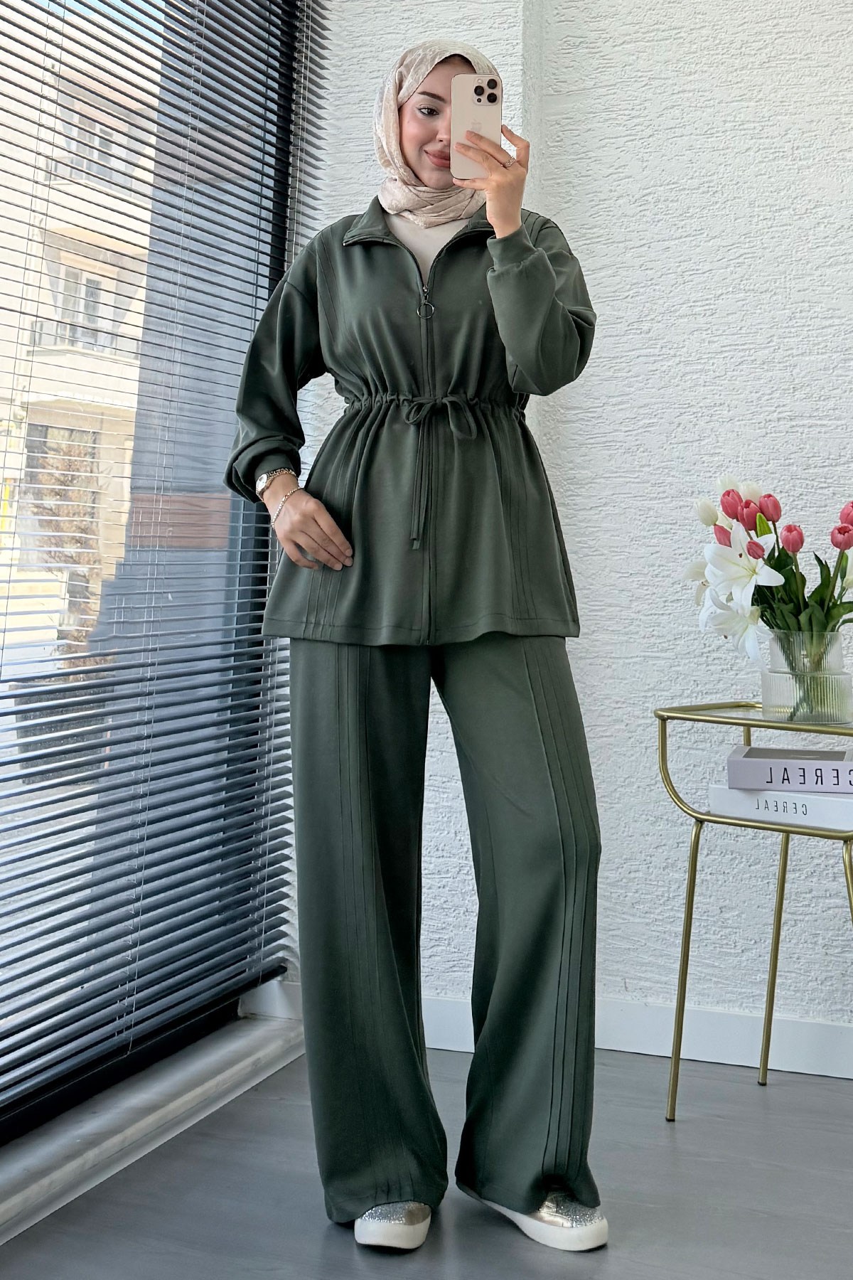 Premium Bel Büzgülü Cima Detay Double Face Pantolon Takım - Haki