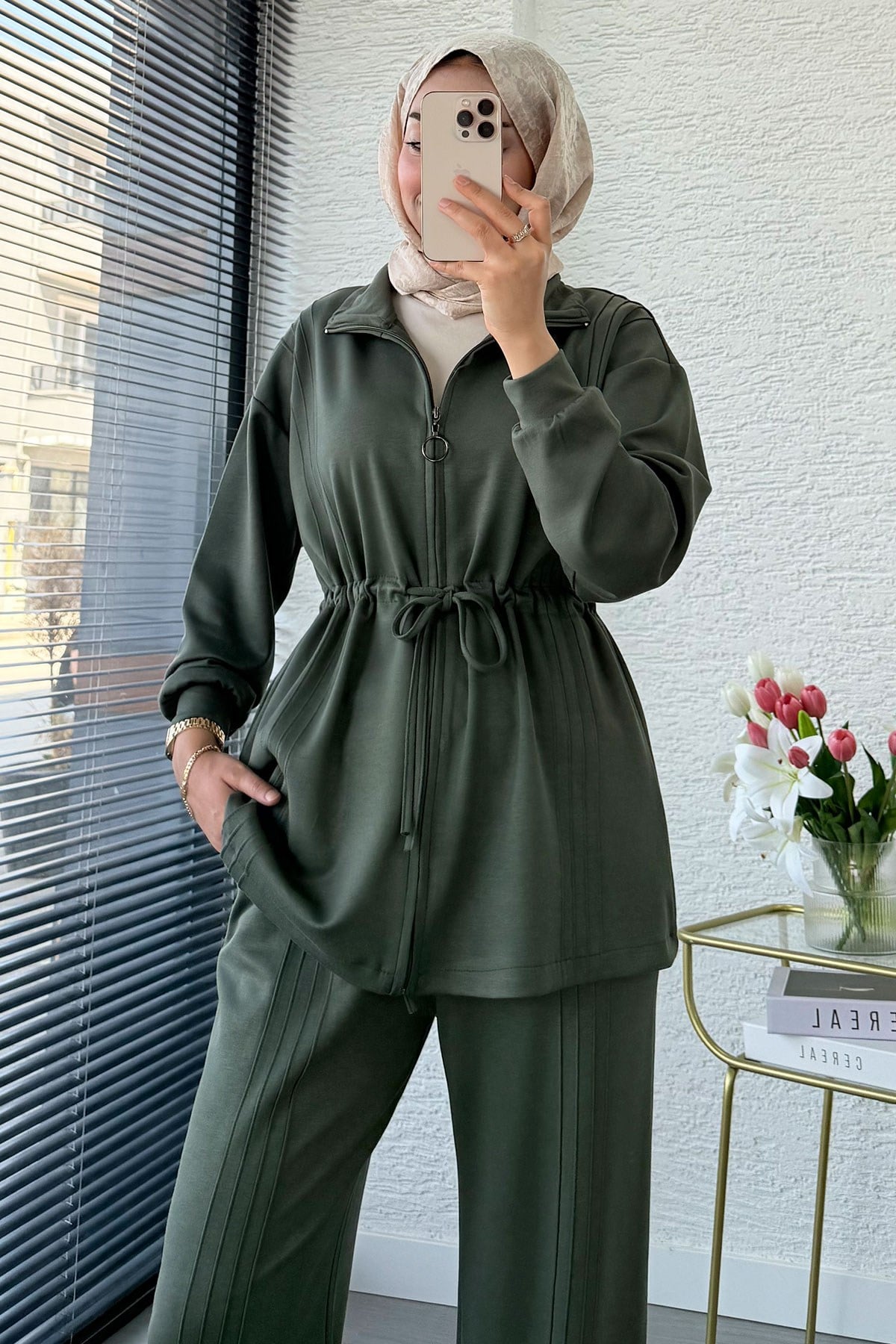 Premium Bel Büzgülü Cima Detay Double Face Pantolon Takım - Haki