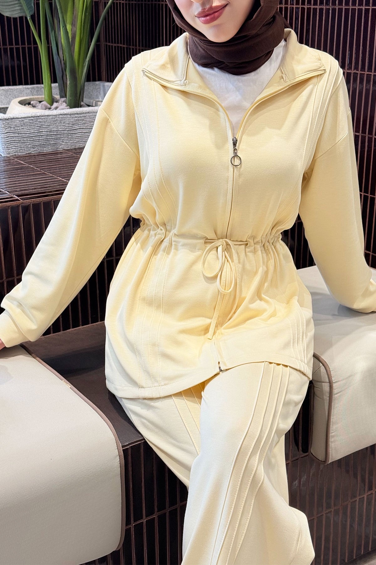 Premium Bel Büzgülü Cima Detay Double Face Pantolon Takım - Sarı