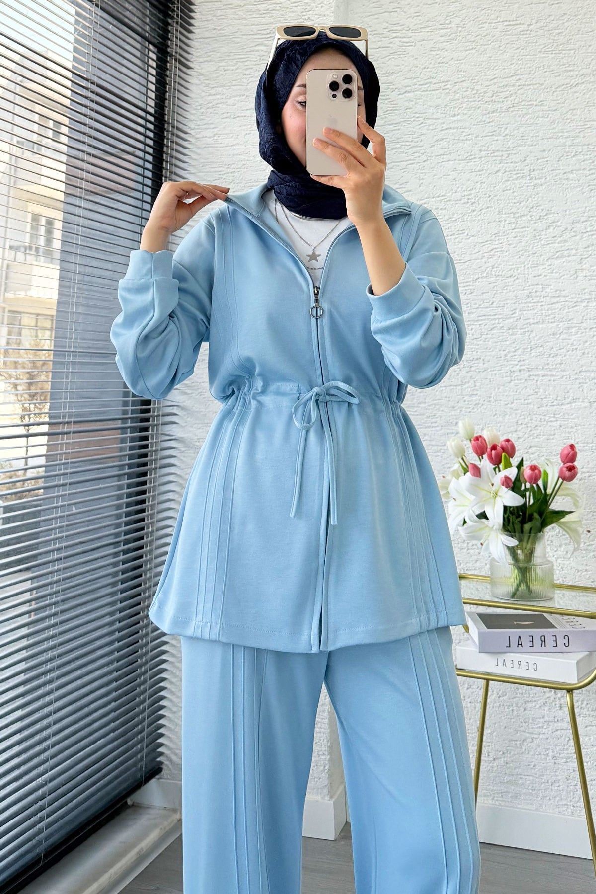 Premium Bel Büzgülü Cima Detay Double Face Pantolon Takım - Mavi