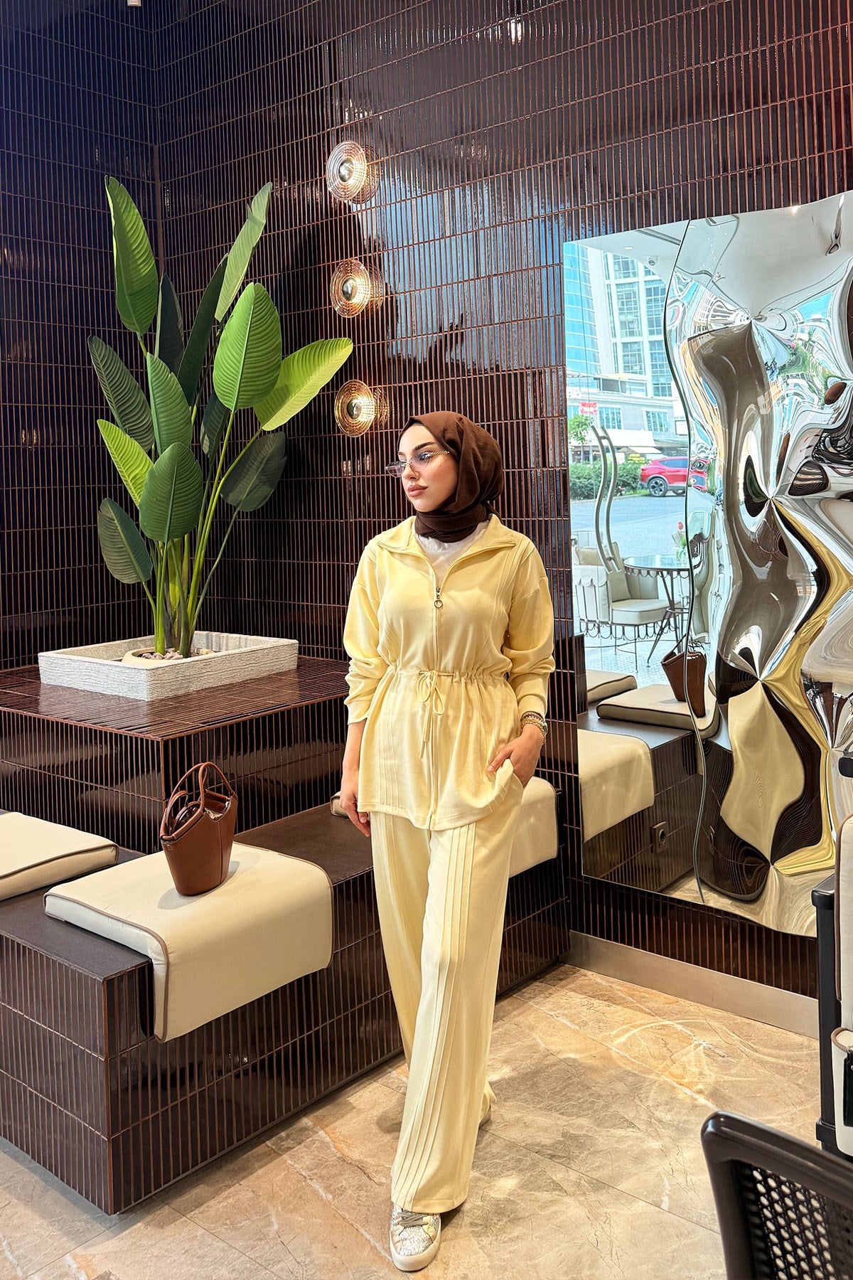 Premium Bel Büzgülü Cima Detay Double Face Pantolon Takım - Sarı