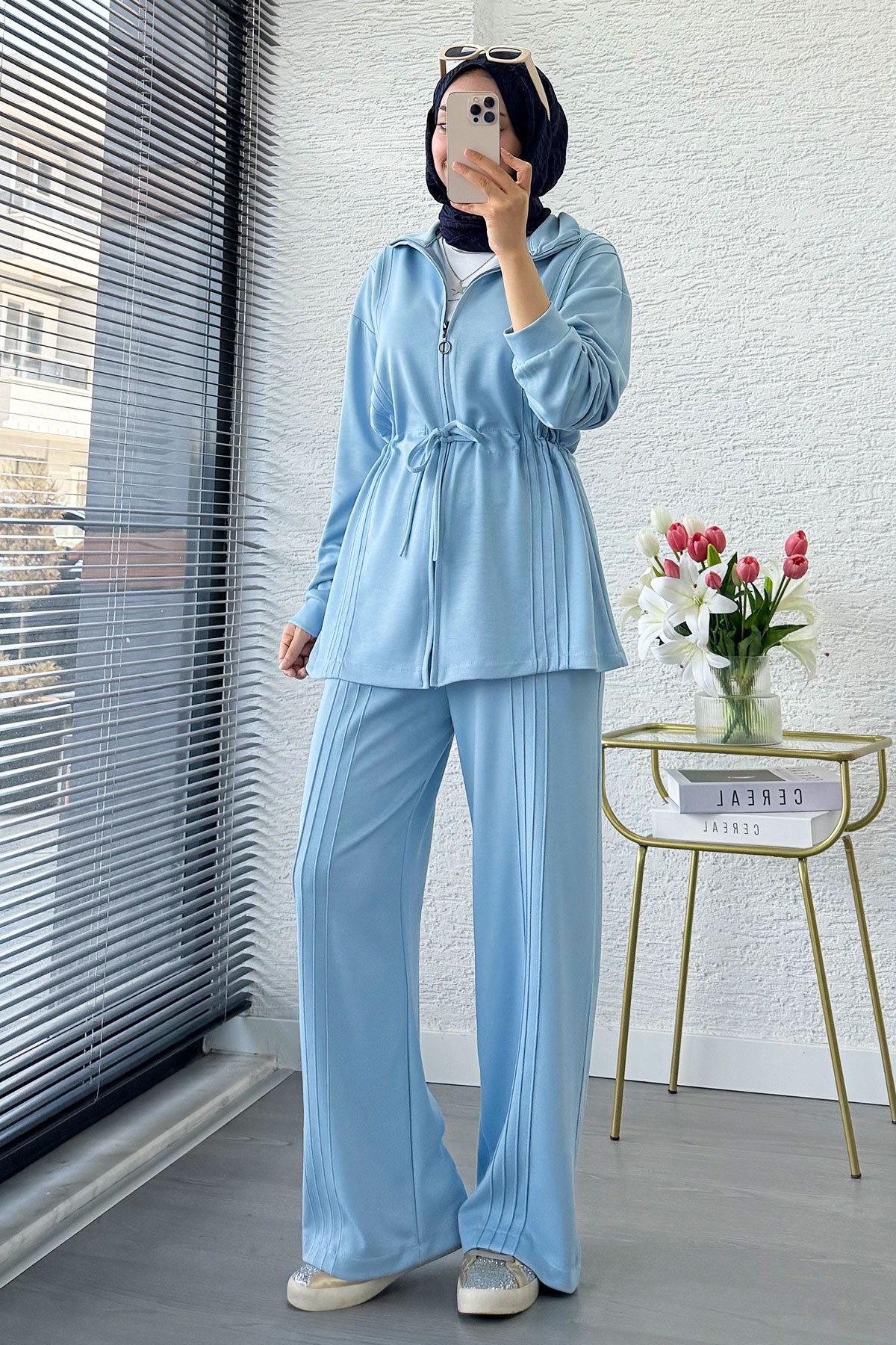 Premium Bel Büzgülü Cima Detay Double Face Pantolon Takım - Mavi