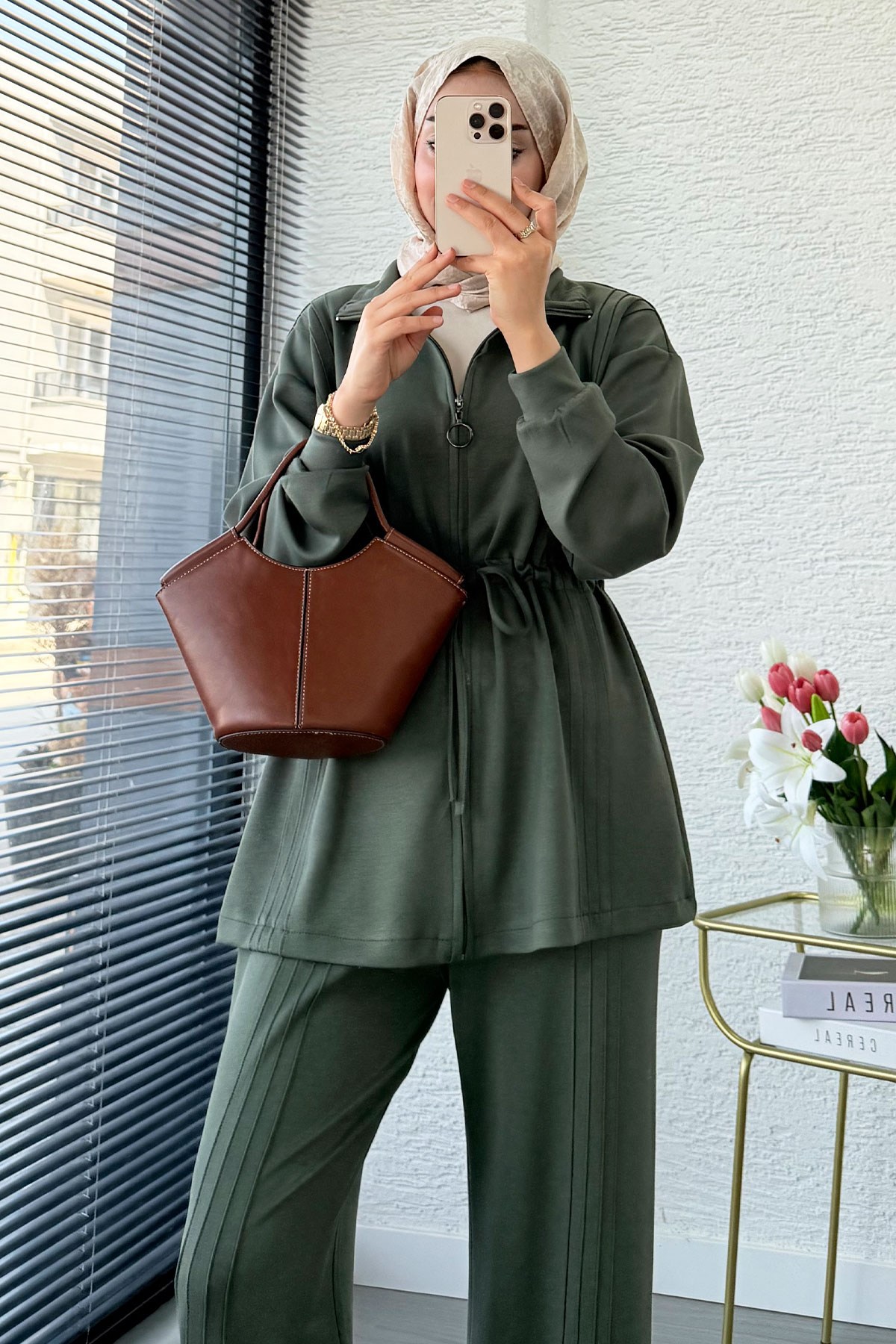 Premium Bel Büzgülü Cima Detay Double Face Pantolon Takım - Haki