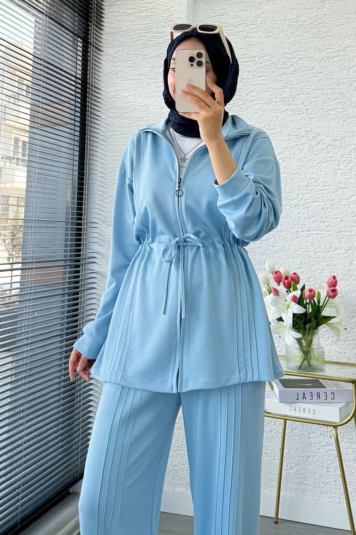 Premium Bel Büzgülü Cima Detay Double Face Pantolon Takım - Mavi