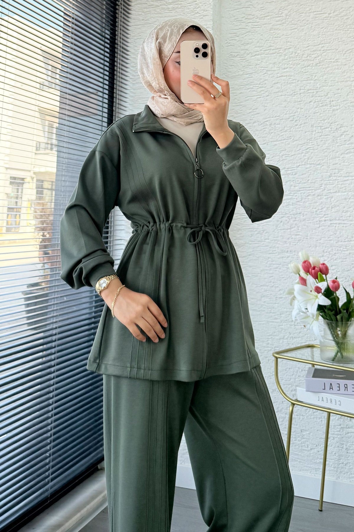Premium Bel Büzgülü Cima Detay Double Face Pantolon Takım - Haki