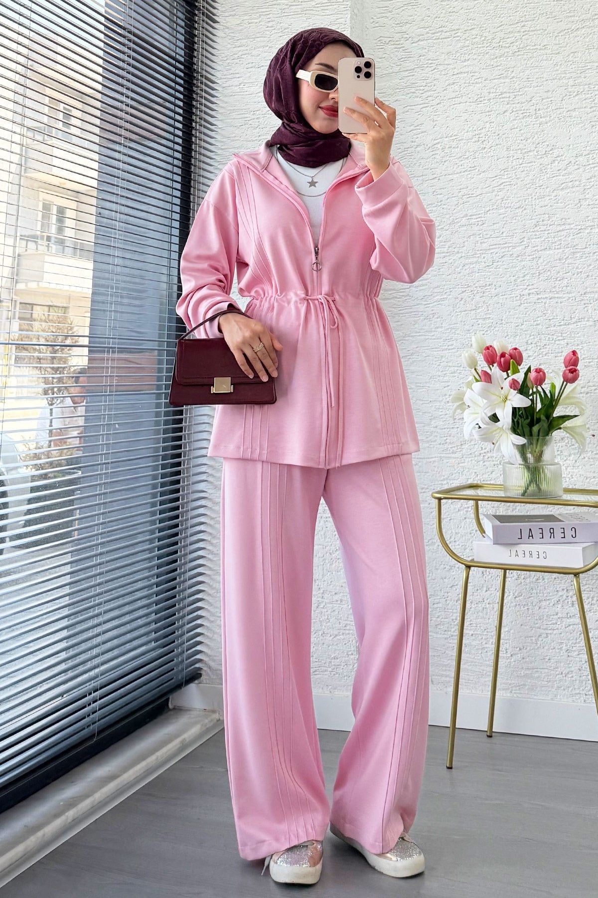 Premium Bel Büzgülü Cima Detay Double Face Pantolon Takım - Pembe